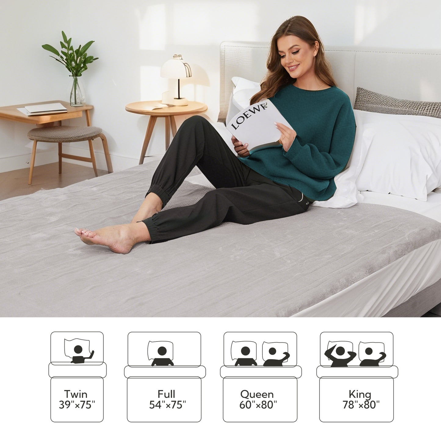 SUNNY HEAT Electric Mattress Pad Queen Size with Dual Control 4 Temperature 10H Auto-off, Coral Fleece, Light Grey