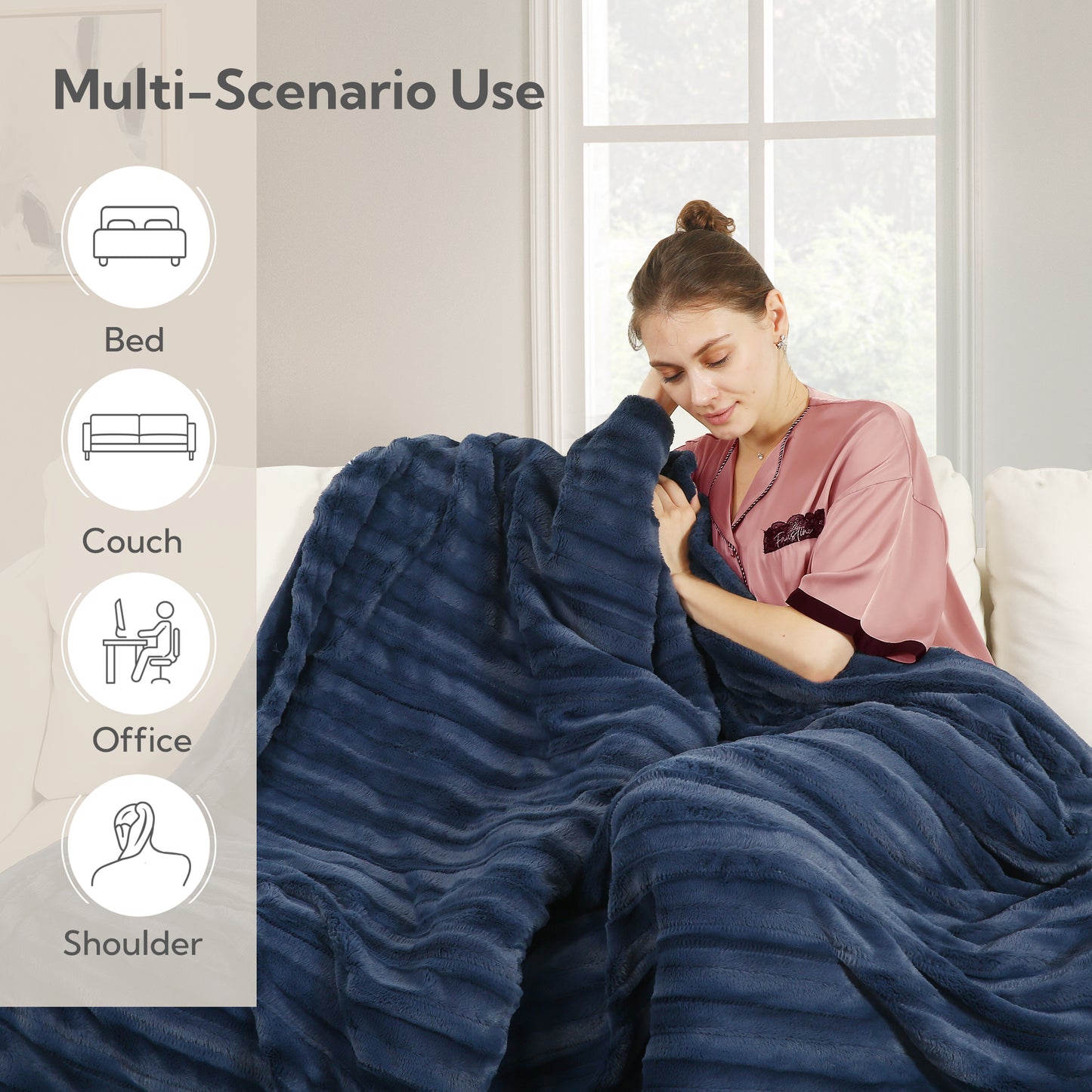SUNNY HEAT Electric Heated Blanket 50'' x 60'', Soft and Lightweight Faux Fur Electric Blanket, Navy