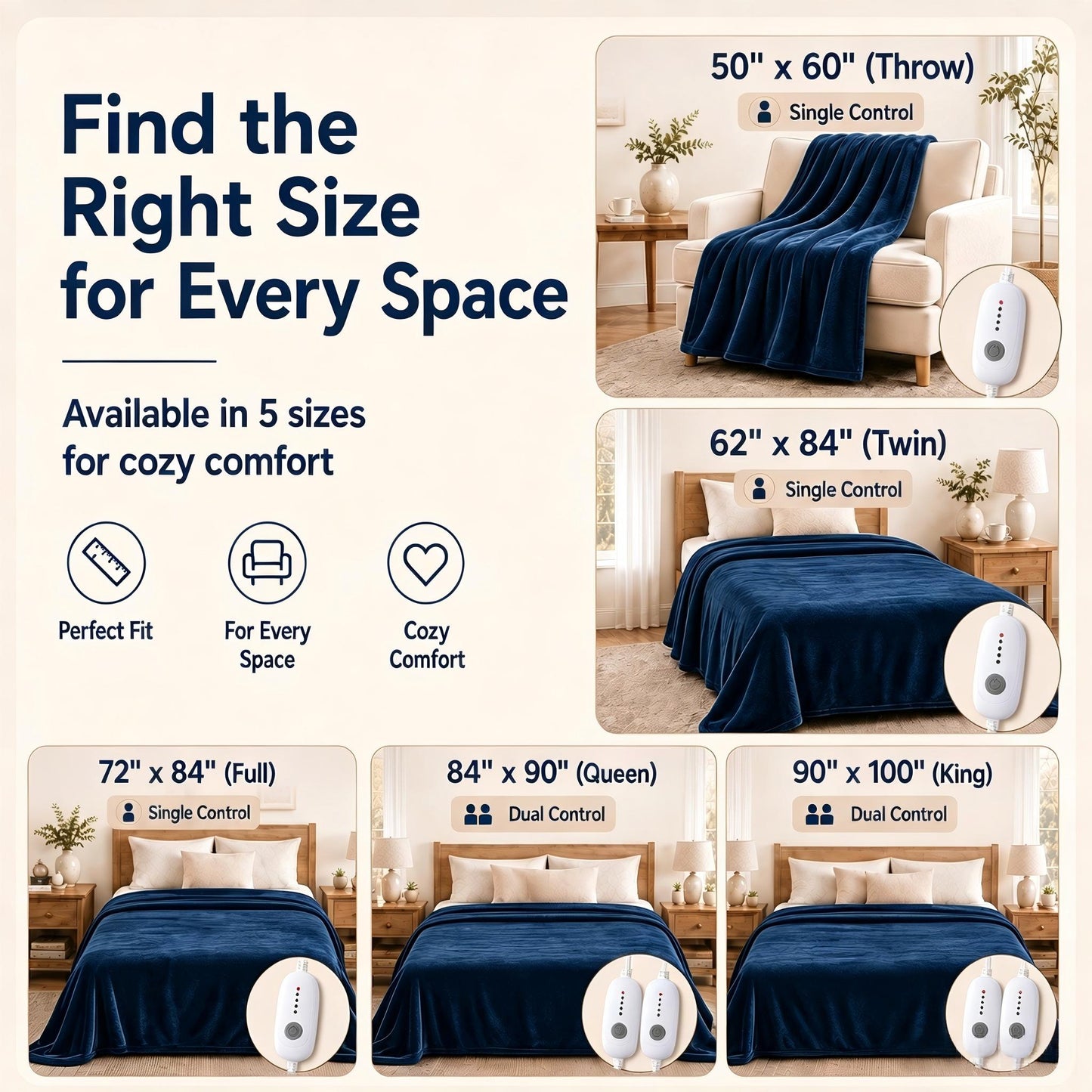 SUNNY HEAT Electric Blanket Heated Full 72" x 84" -Fast Heating 4 Levels & 10H Auto off, Warm Soft Fannel Machine Washable, for Bed/Couch/Office, Dark Blue