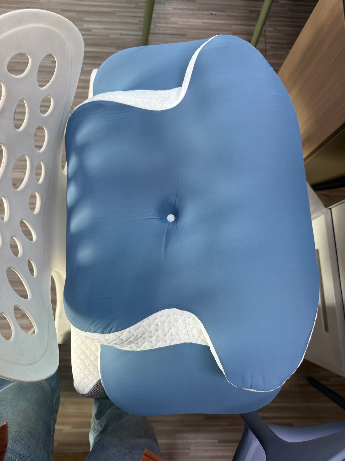 SUNNY HEAT Cervical Pillow for Neck Pain Relief, Orthopedic Memory Foam, Ergonomic Support for All Sleepers, Cooling & Washable Cover, Blue White