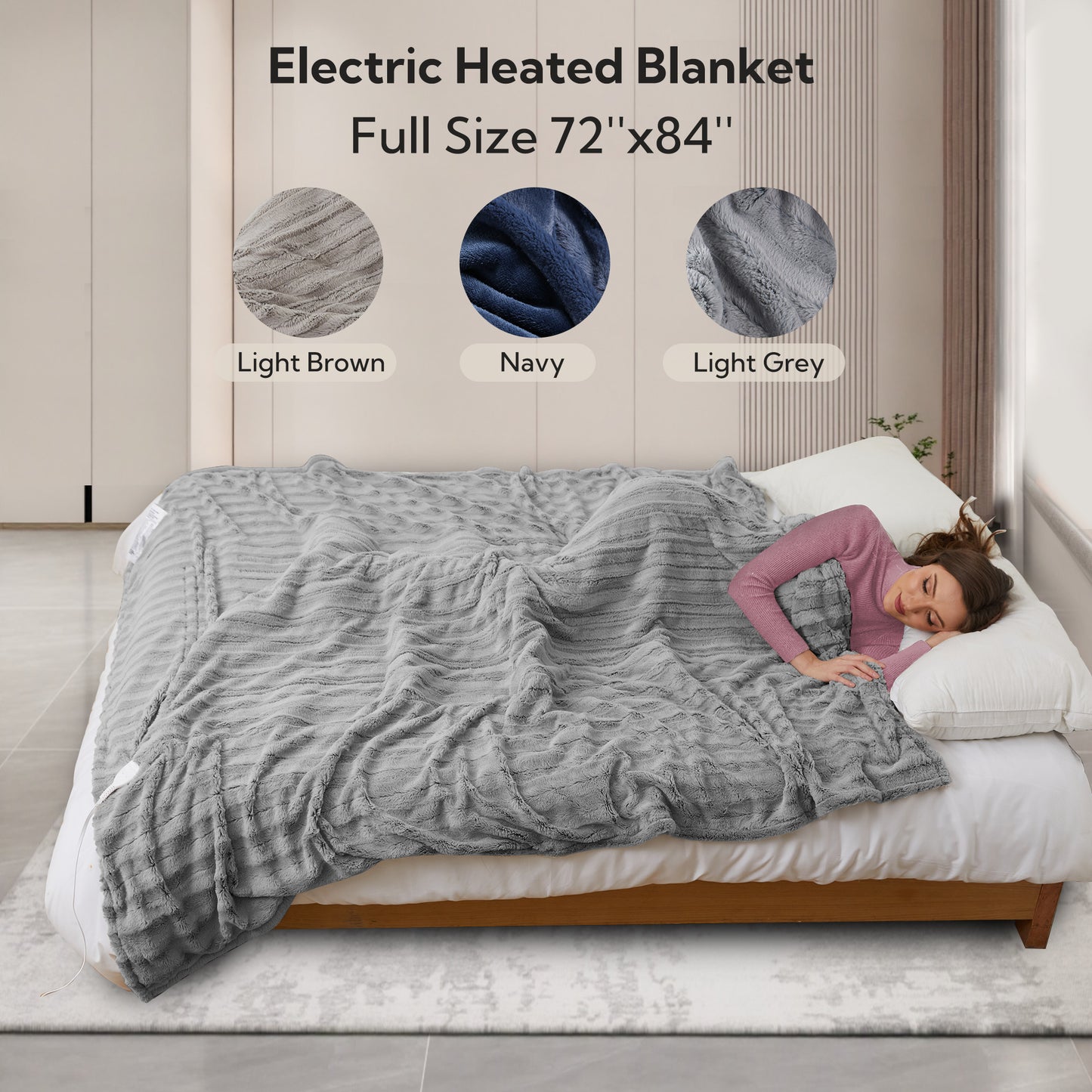 SUNNY HEAT Electric Heated Blanket 72'' x 84'', Soft and Lightweight Faux Fur Electric Blanket, Light Grey