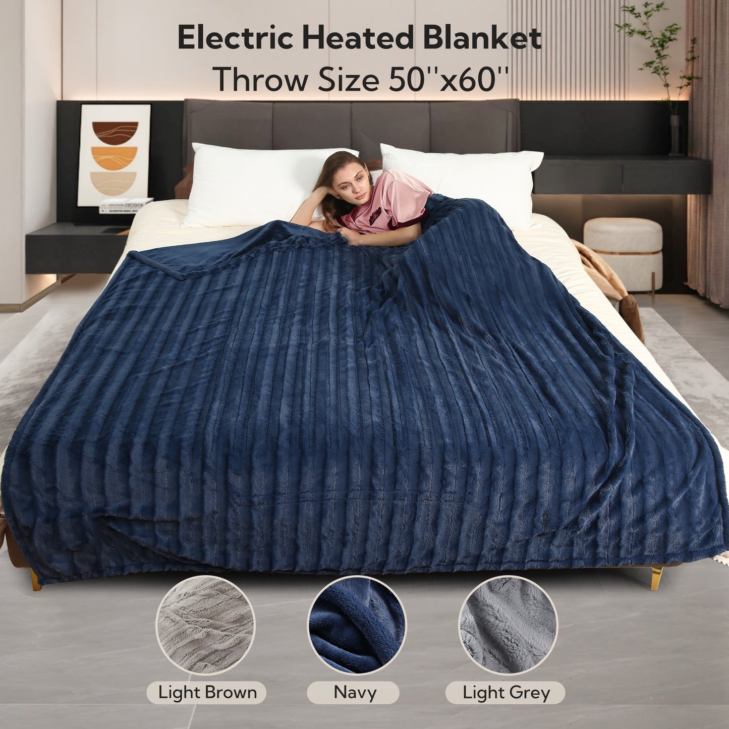 SUNNY HEAT Electric Heated Blanket 50'' x 60'', Soft and Lightweight Faux Fur Electric Blanket, Navy