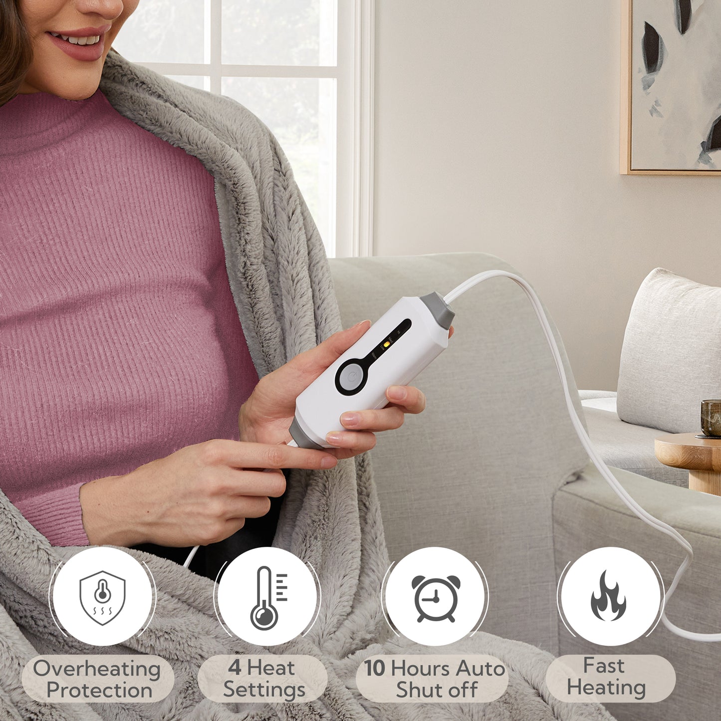 SUNNY HEAT Heated Electric Blanket Throw Size 50''60''-Faux Fur Material Electric Blanket, 4 Heat Levels, 3 Hours Auto Off, Brown