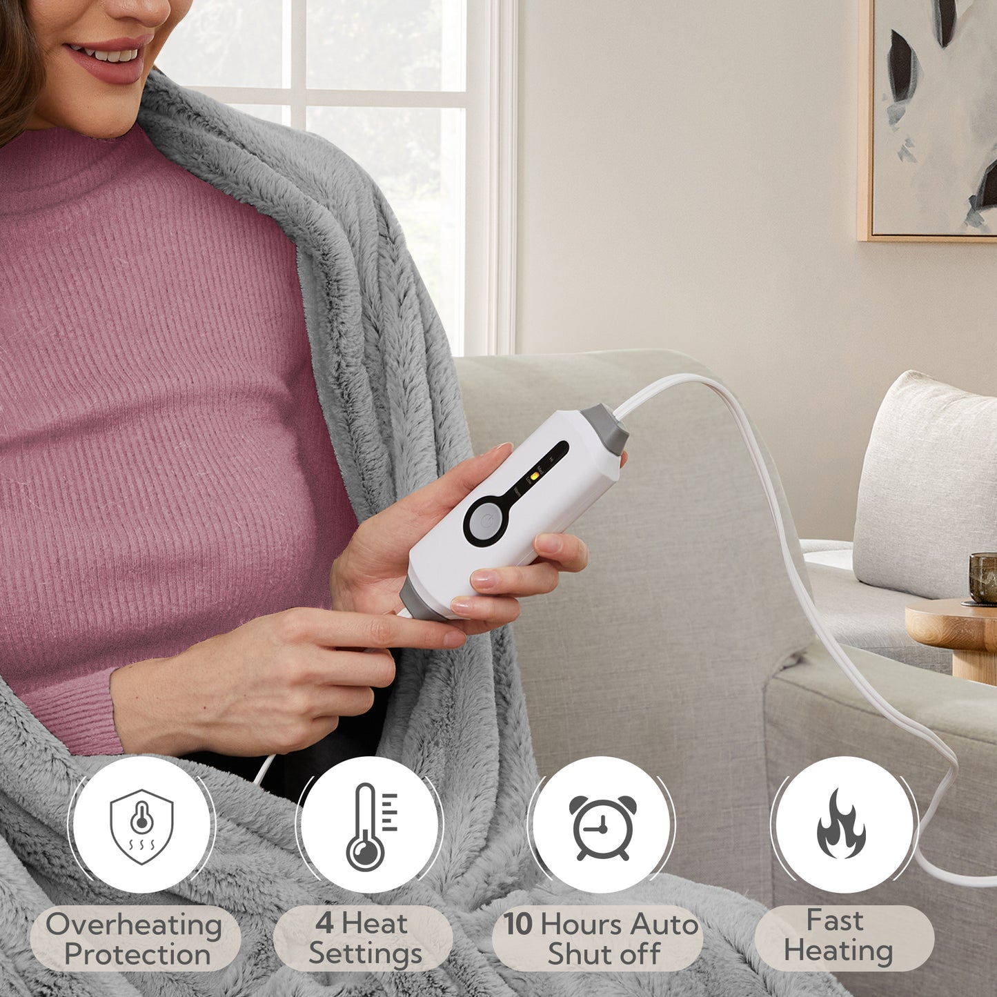 SUNNY HEAT Electric Heated Blanket 72'' x 84'', Soft and Lightweight Faux Fur Electric Blanket, Light Grey