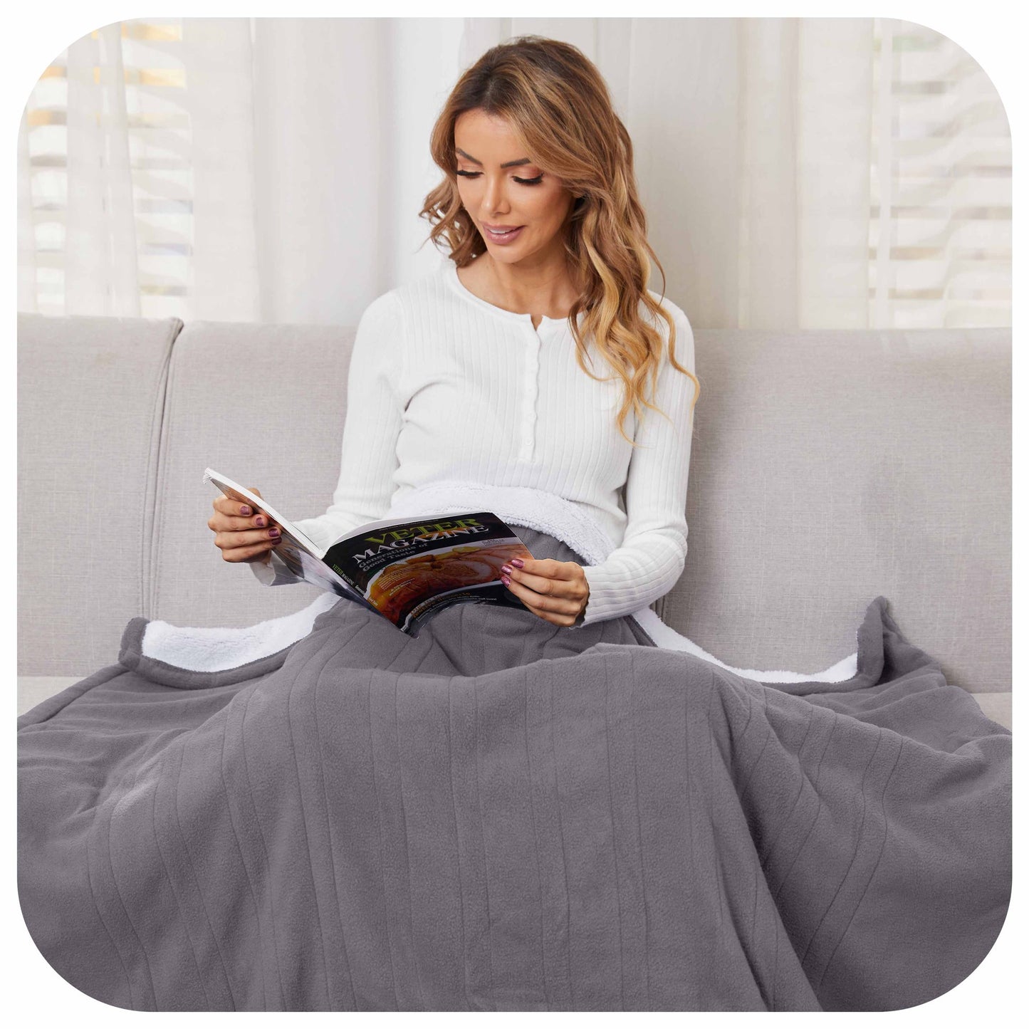 SUNNY HEAT Electric Blanket Heated Throw Fleece & Sherpa Fabric 50" x 60" Throw Size-4 Heating Settings & 3 Hours Auto Off, Super Soft Machine Washable-Grey