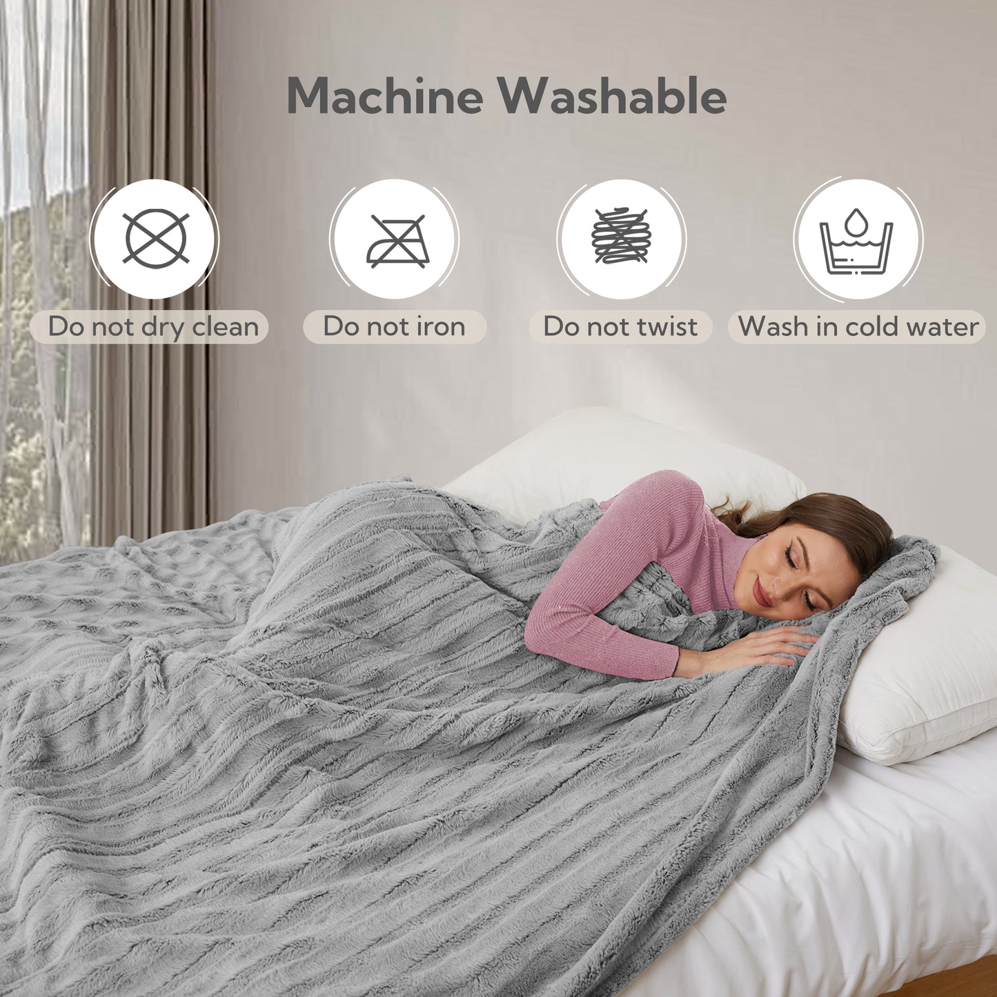 SUNNY HEAT Electric Heated Blanket 72'' x 84'', Soft and Lightweight Faux Fur Electric Blanket, Light Grey