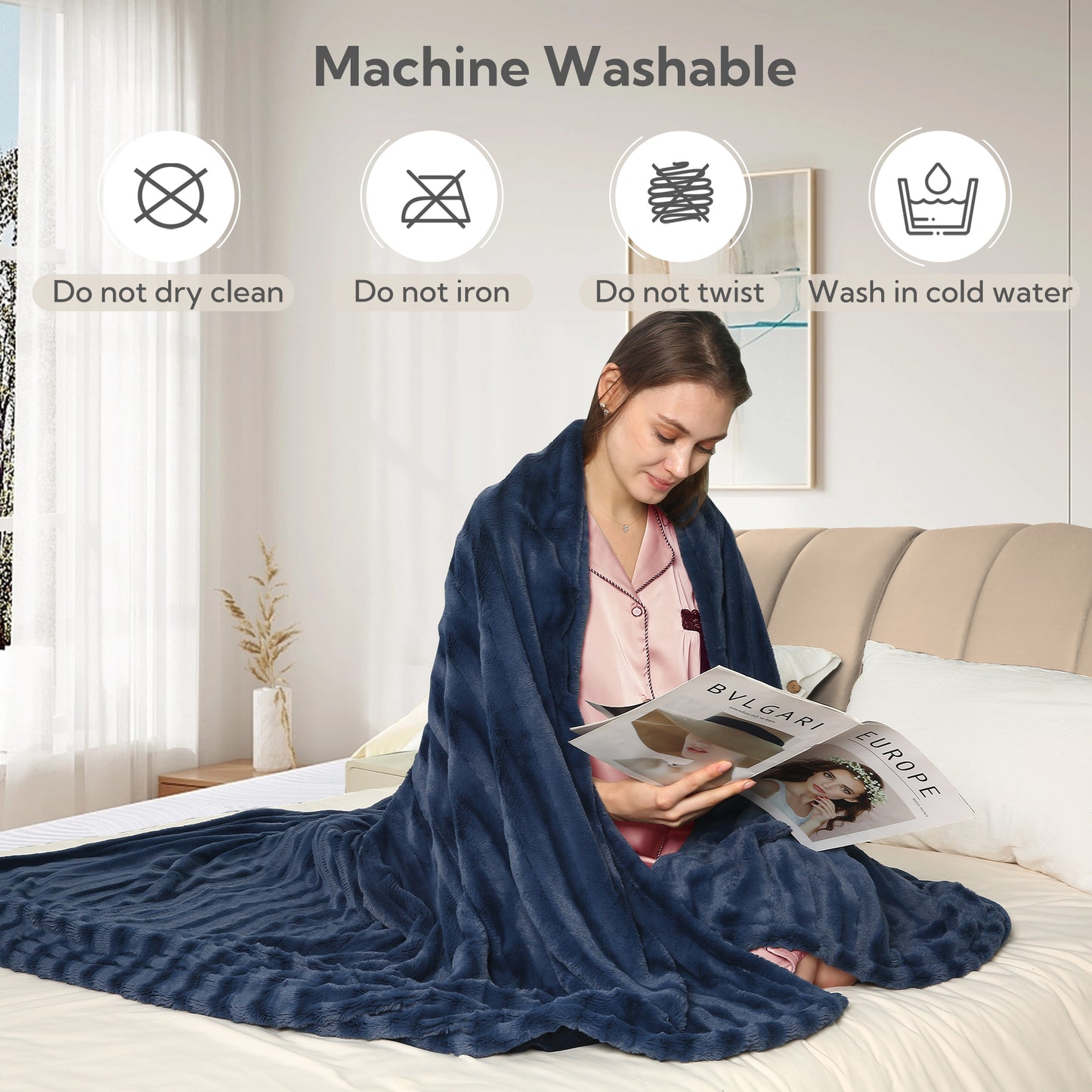 SUNNY HEAT Electric Heated Blanket 50'' x 60'', Soft and Lightweight Faux Fur Electric Blanket, Navy