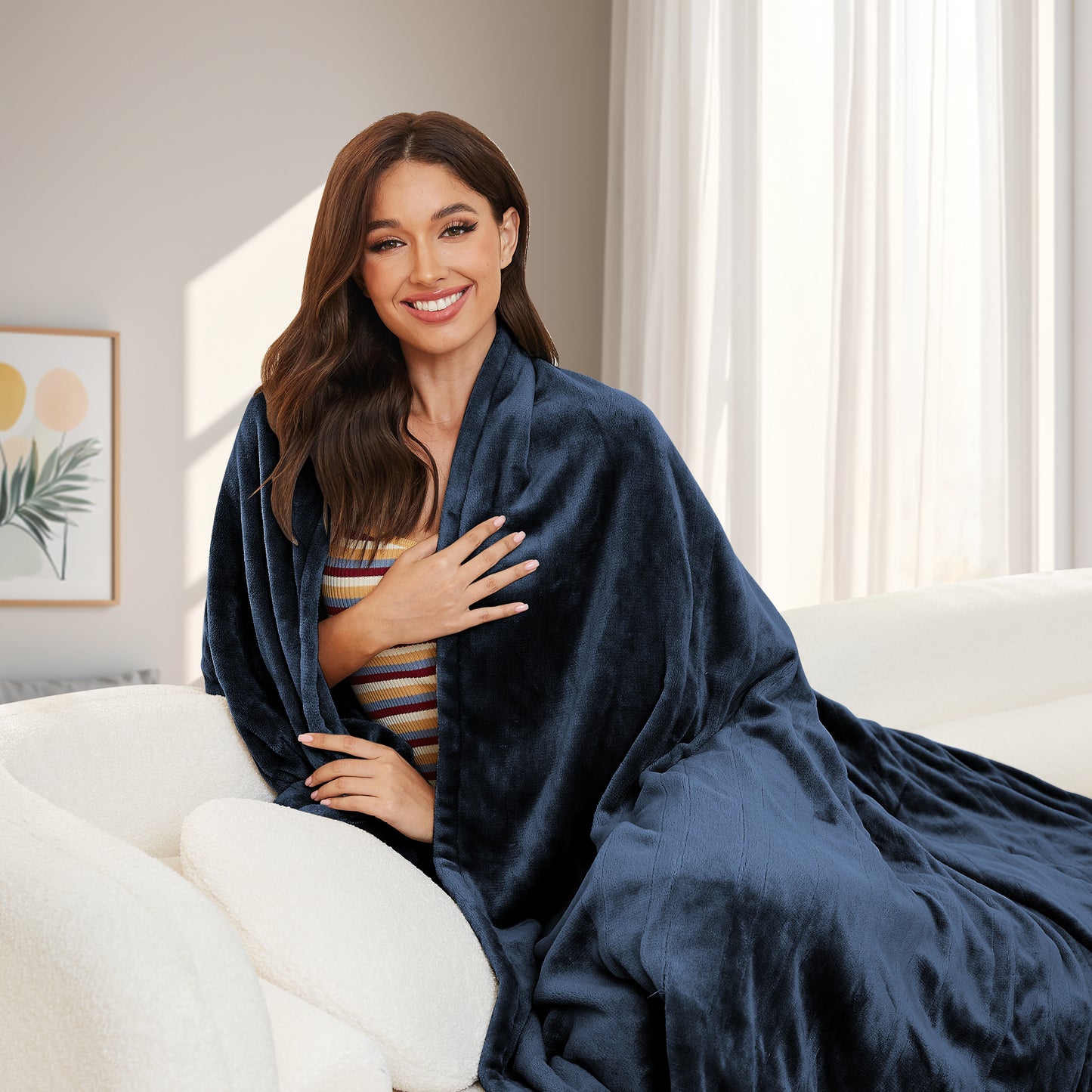 SUNNY HEAT Heated Electric Blanket 50'' x 60'', 4 Heating Levels, 3H Auto off, Flannel, Dark Blue