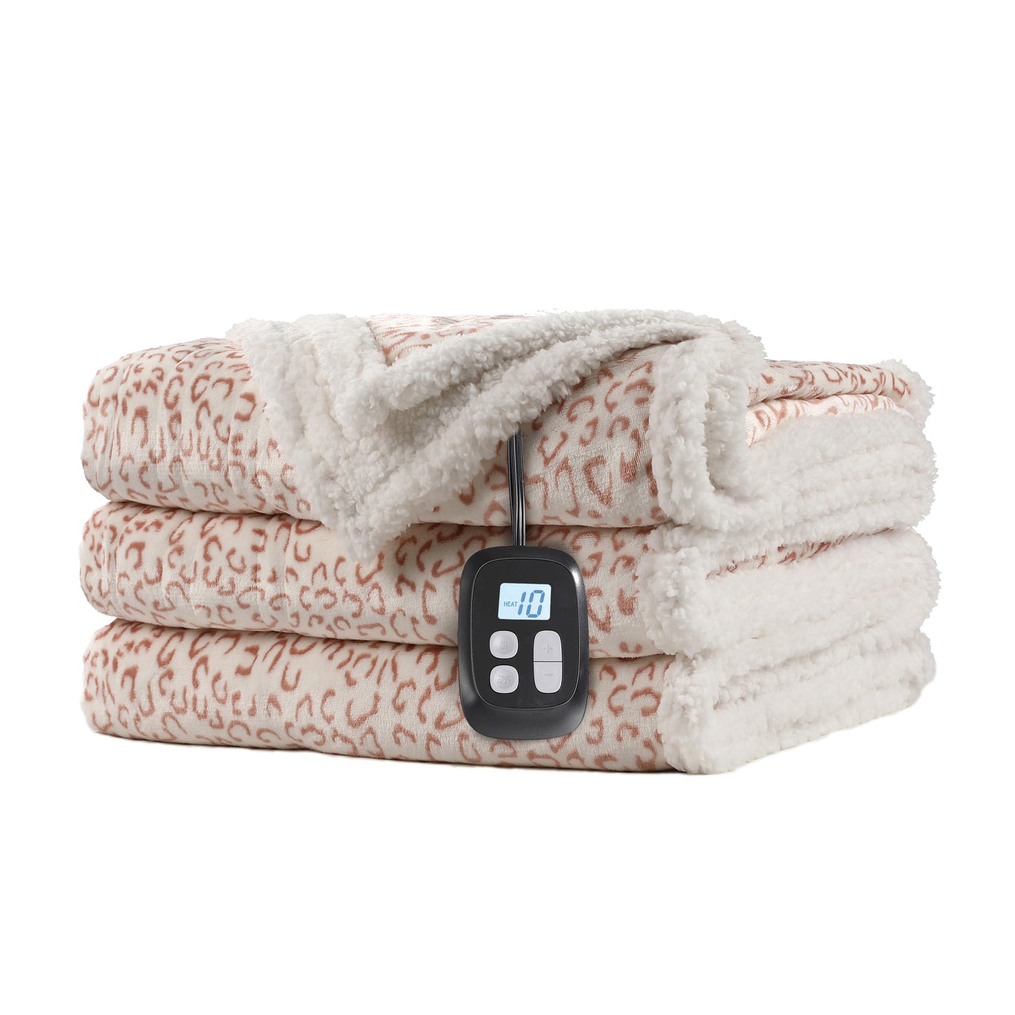 SUNNY HEAT Heated Electric Blanket Full Size 72'' x 84'' 6 Heating Levels & 1-10 Hours Auto Off , Leopard Brown & White