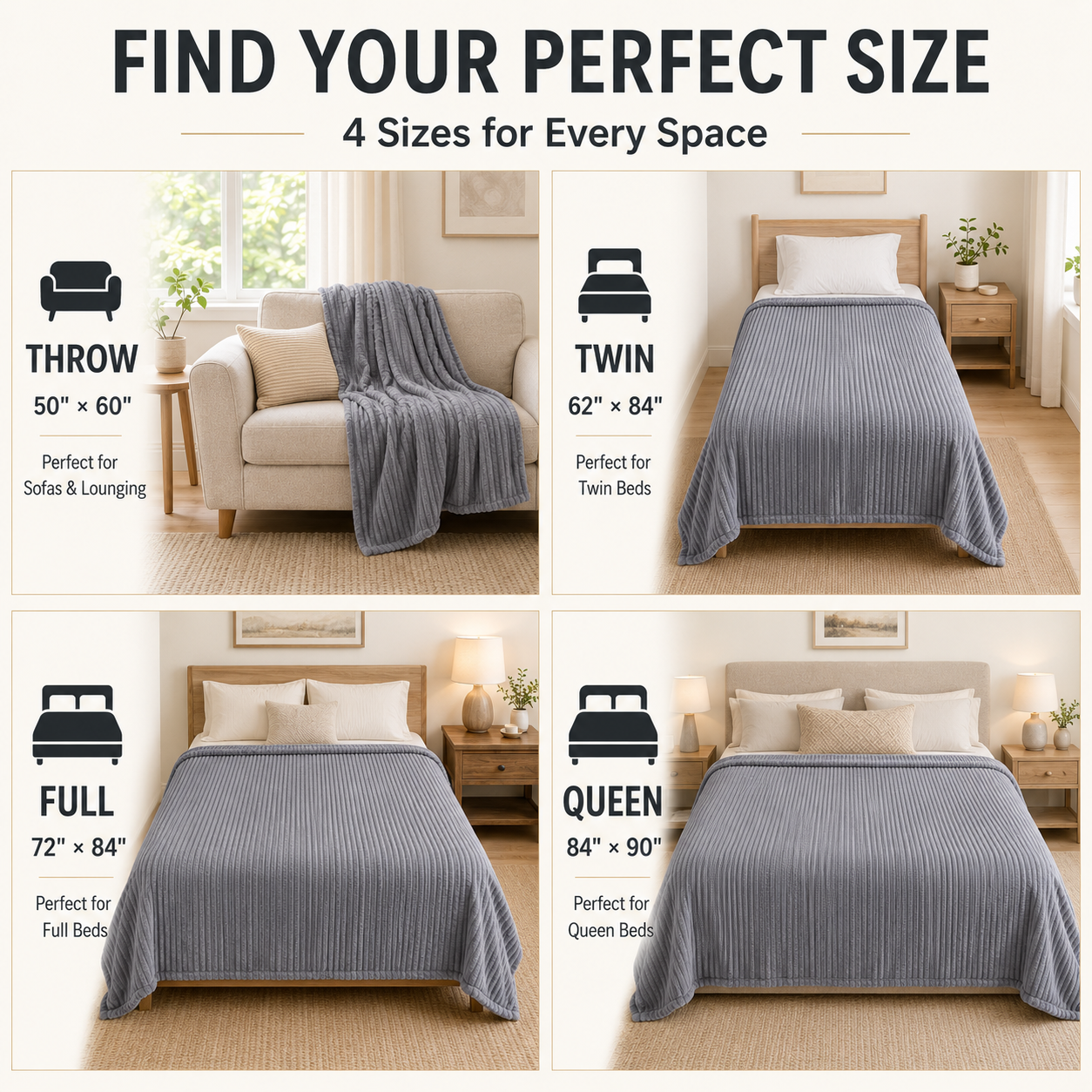 SUNNY HEAT Heated Electric Blanket Ribbed Flannel 50"x60" Throw Size - 9 Heating Levels & 1-10 Hours Auto Off, Thick and Warm Washable - Gray