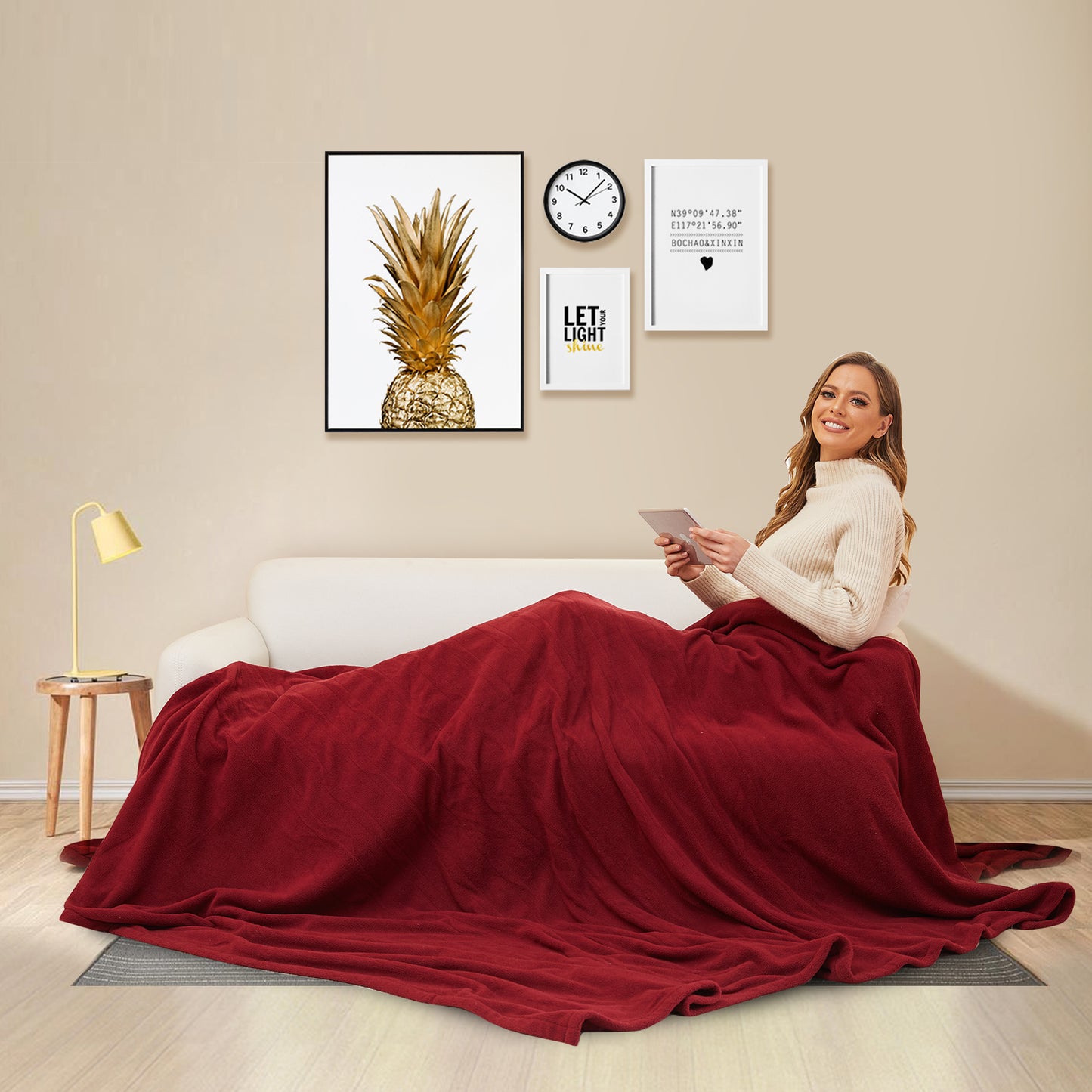 SUNNY HEAT Electric Heated Blanket 72'' x 84'' Polar Fleece Full Size Machine Washable, Dark Red
