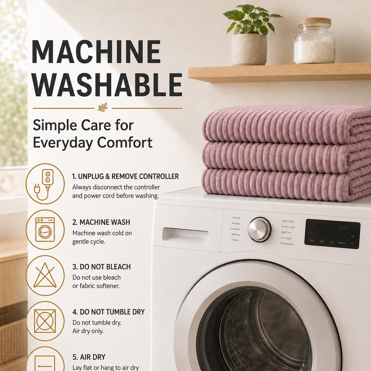 SUNNY HEAT Heated Electric Blanket Ribbed Flannel 50"x60" Throw Size - 9 Heating Levels & 1-10 Hours Auto Off, Thick and Warm Washable - Dusty Pink