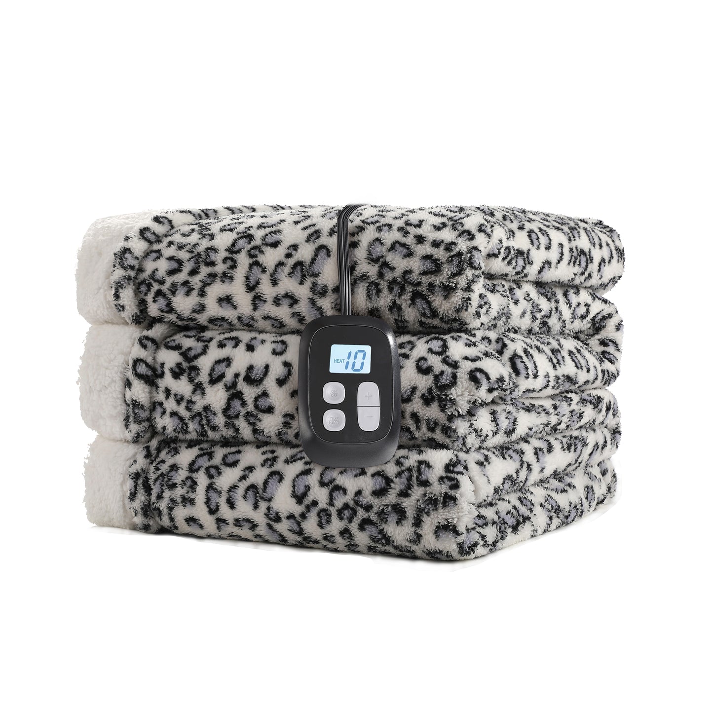 SUNNY HEAT Heated Electric Blanket Full Size 72'' x 84'' 6 Heating Levels & 1-10 Hours Auto Off , Leopard Blue & White