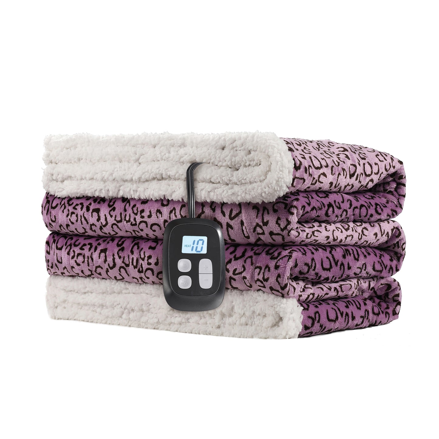 SUNNY HEAT Heated Electric Blanket Full Size 72'' x 84'' 6 Heating Levels & 1-10 Hours Auto Off , Leopard Black & Purple