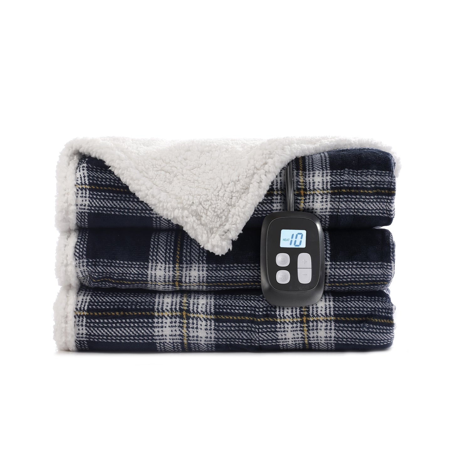 SUNNY HEAT Electric Heated Blanket 72"x84" Full Size, 10 Heating Levels & 12 H Auto Shut Off, Cotton & Microplush Plaid, Dark Blue & White