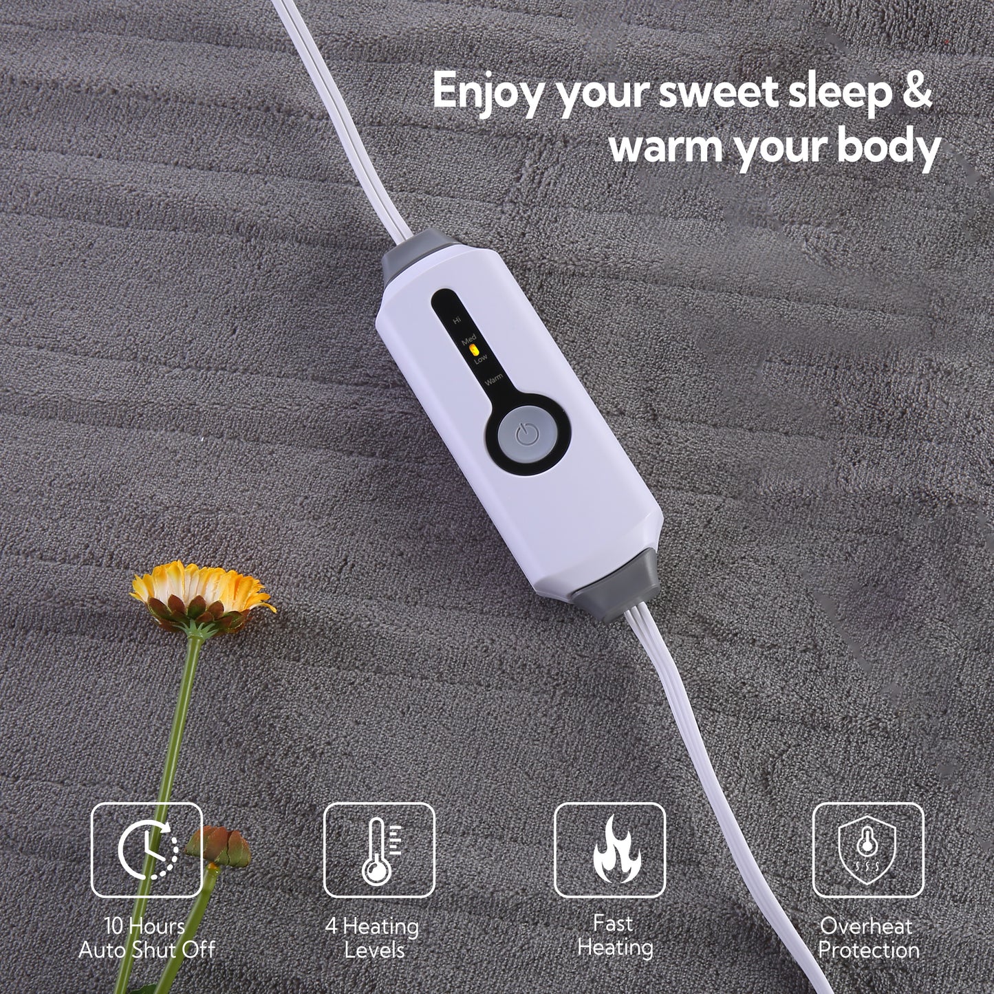 SUNNY HEAT Electric Mattress Pad Full Size with 4 Temperature 10H Auto-off, Coral Fleece, Grey