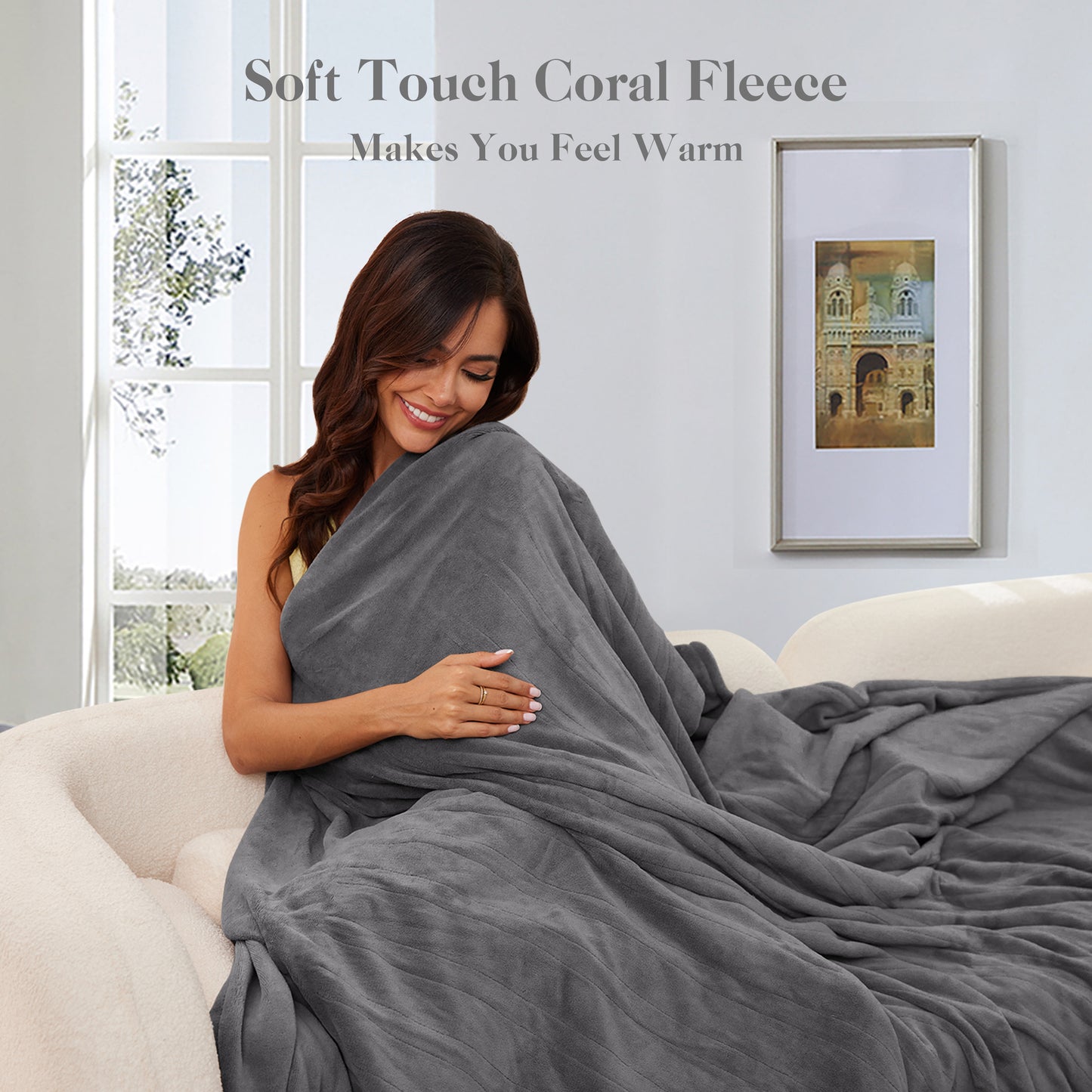 SUNNY HEAT Electric Heated Throw Blanket Coral Fleece 50" x 60" Throw Size-4 Heating Settings & 3 Hours Auto off, Plush Fabric Fast Machine Washablefor-Grey