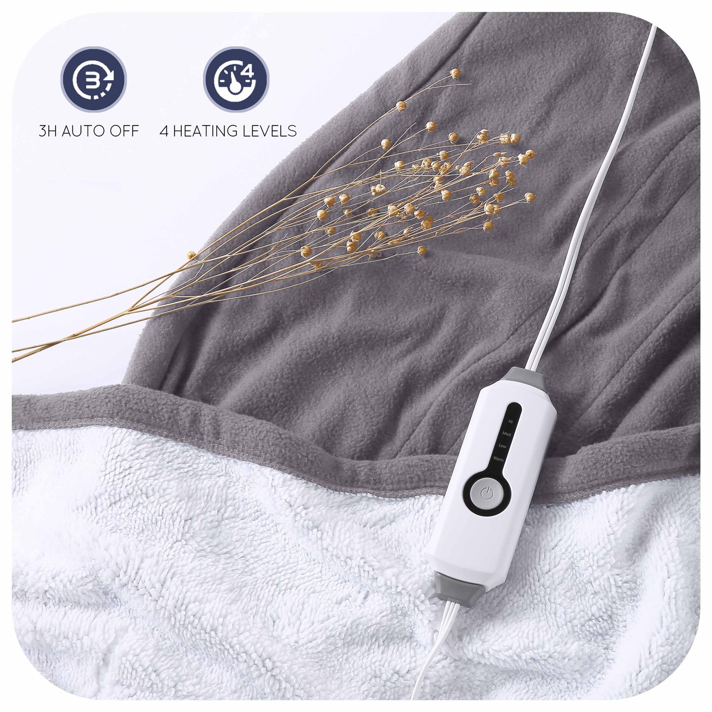 SUNNY HEAT Electric Blanket Heated Throw Fleece & Sherpa Fabric 50" x 60" Throw Size-4 Heating Settings & 3 Hours Auto Off, Super Soft Machine Washable-Grey