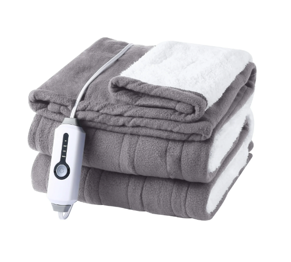 SUNNY HEAT Electric Blanket Heated Throw Fleece & Sherpa Fabric 50" x 60" Throw Size-4 Heating Settings & 3 Hours Auto Off, Super Soft Machine Washable-Grey