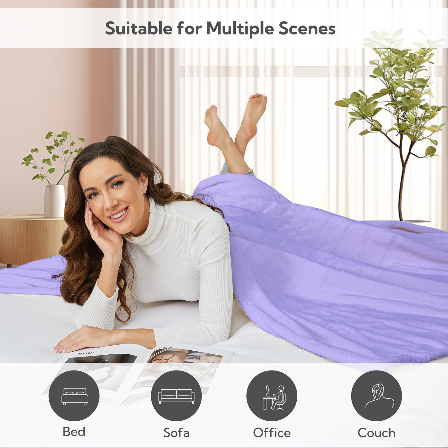 SUNNY HEAT Electric Heated Blanket Flannel Queen Size 84" x 90", 4 Heating Settings & 10 Hours Auto Off, Cozy Dual Control, Light Purple