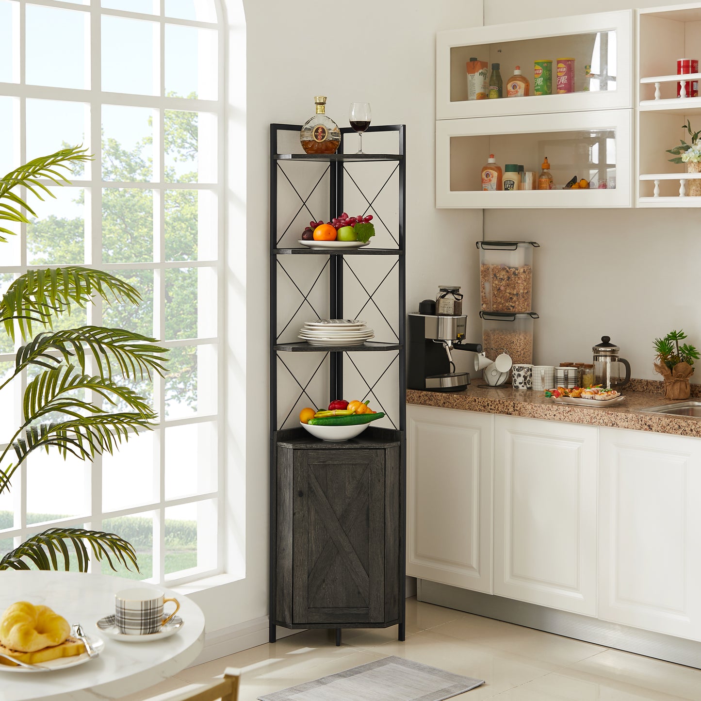 Corner Shelf 5-Tier with Storage,Corner cabinet Bookshelf Stand Storage Rack(Dark Grey)