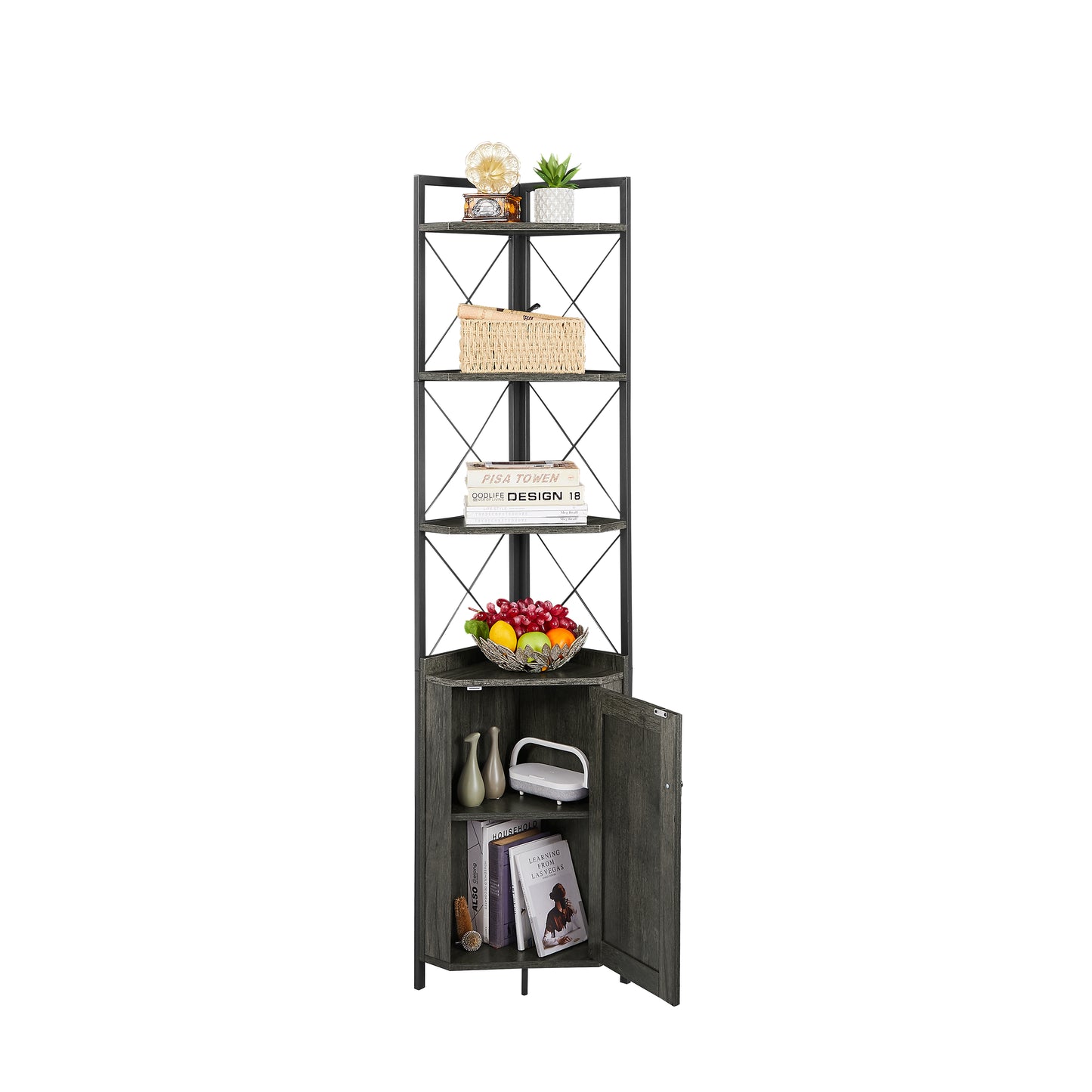 Corner Shelf 5-Tier with Storage,Corner cabinet Bookshelf Stand Storage Rack(Dark Grey)