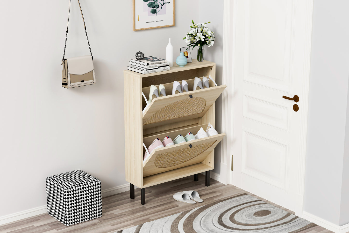 Natural rattan, Allen 2 door cabinet, shoe rack, double layer, suitable for living room