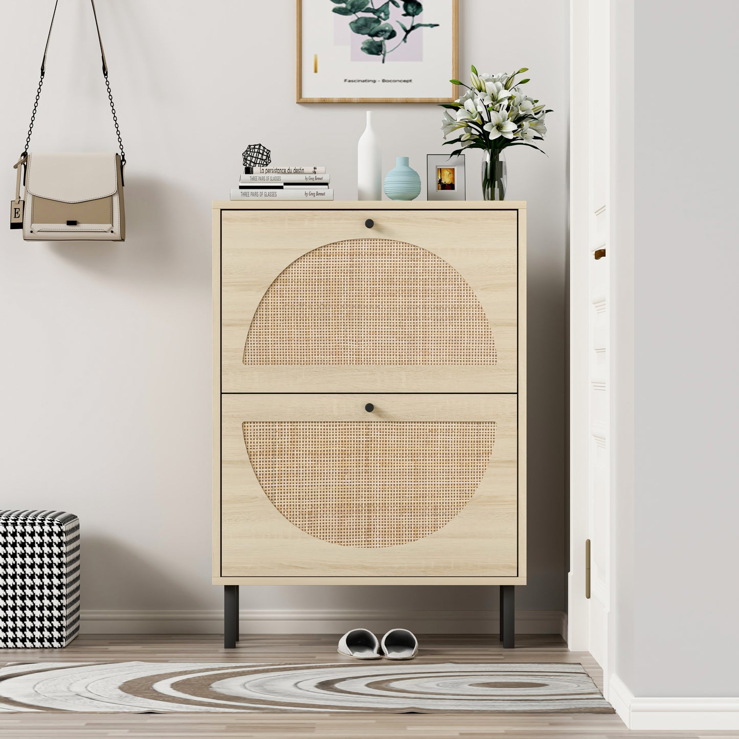 Natural rattan, Allen 2 door cabinet, shoe rack, double layer, suitable for living room