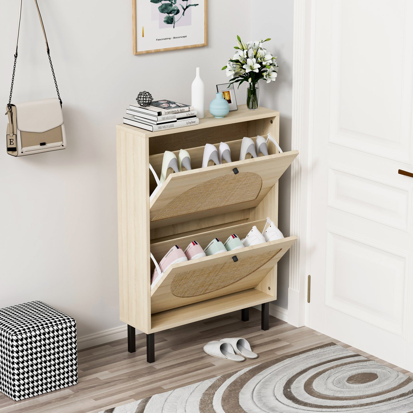 Natural rattan, Allen 2 door cabinet, shoe rack, double layer, suitable for living room