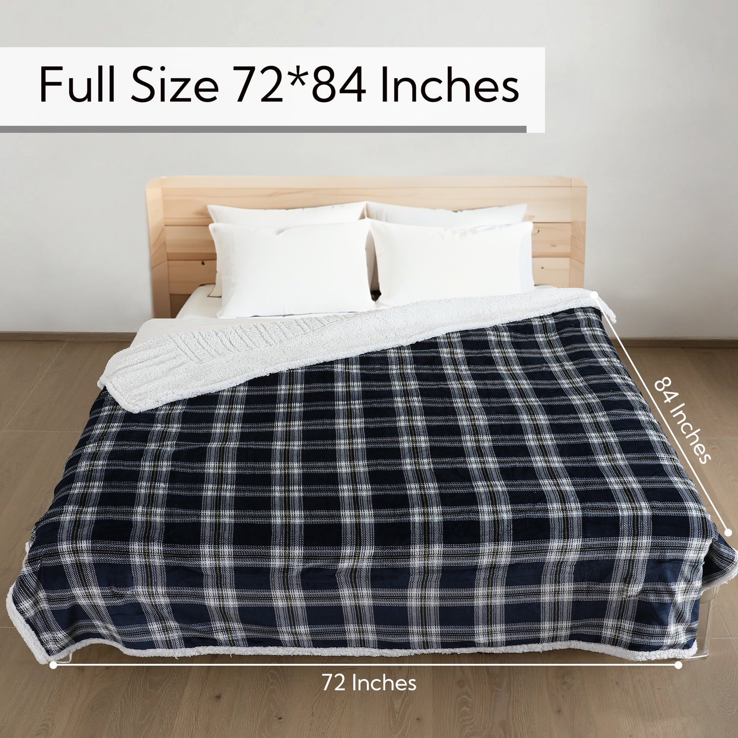 SUNNY HEAT Electric Heated Blanket 72"x84" Full Size, 10 Heating Levels & 12 H Auto Shut Off, Cotton & Microplush Plaid, Dark Blue & White