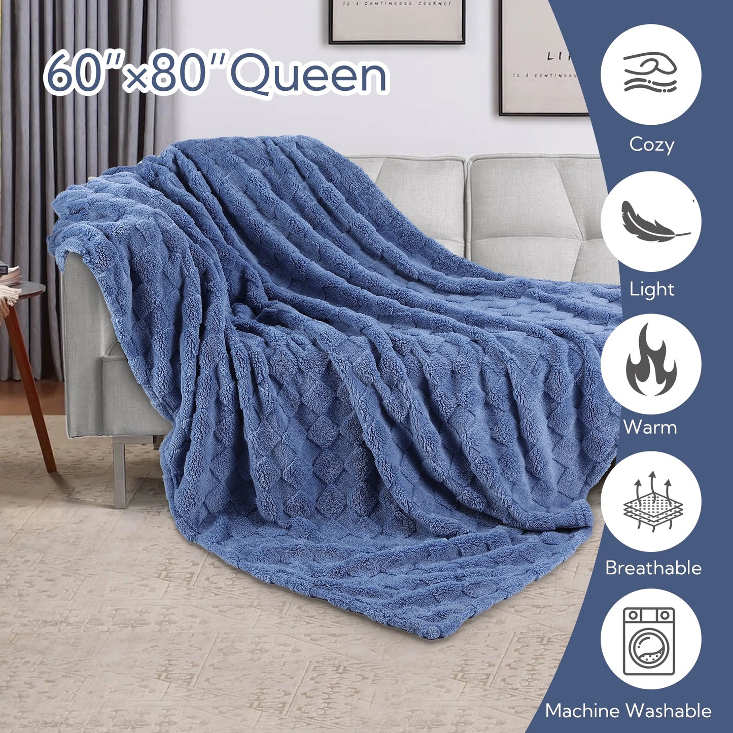 SUNNY HEAT Sherpa Blanket Queen Size 60''x80'' All-Season Lightweight Ultra Soft Bed Blanket Couch, Bed, Sofa, Travel Use, Gift, Denim Blue