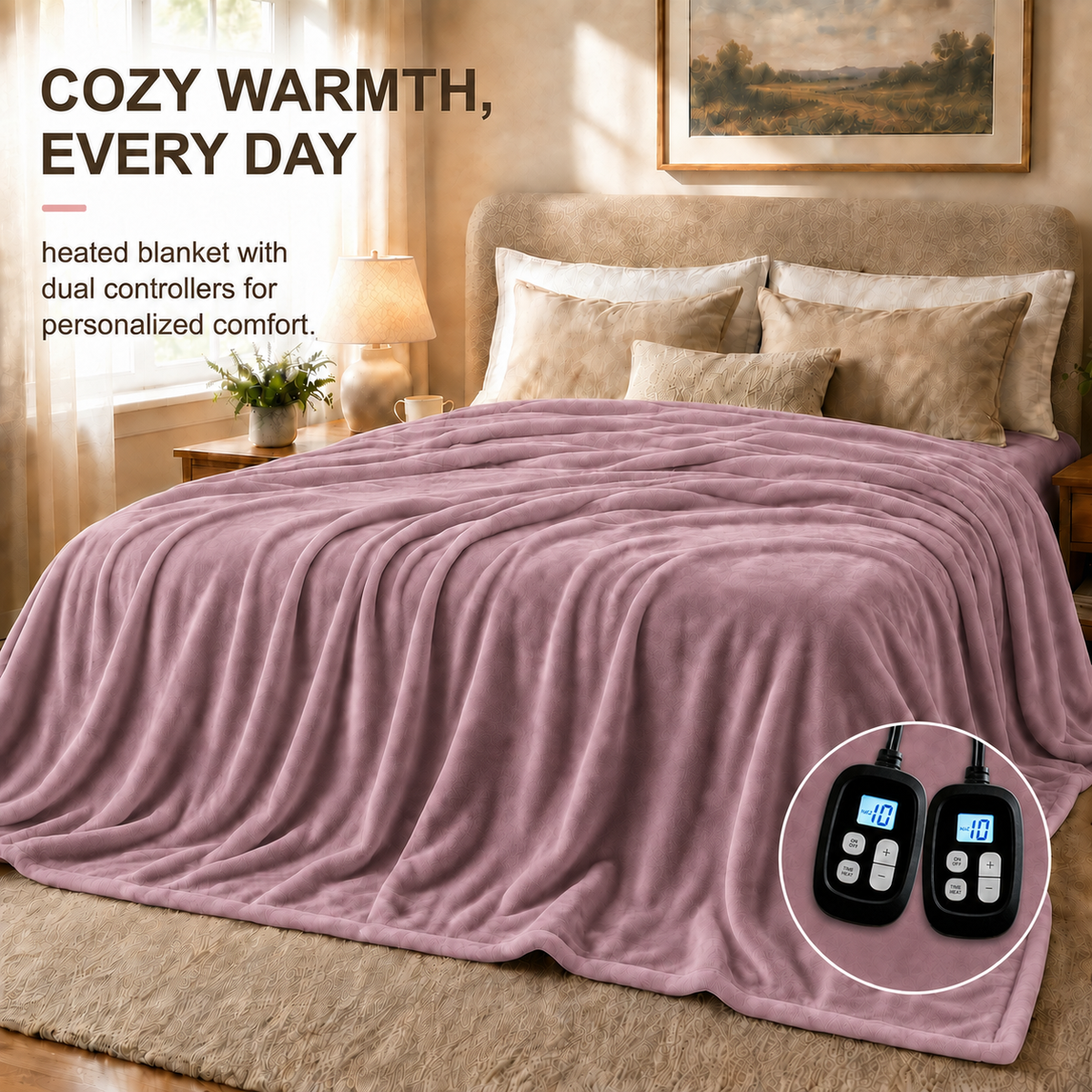 SUNNY HEAT Heated Electric Blanket King 90"×100", 10 Heat Settings, 1-12 Hour Auto Off, Washable, Berry