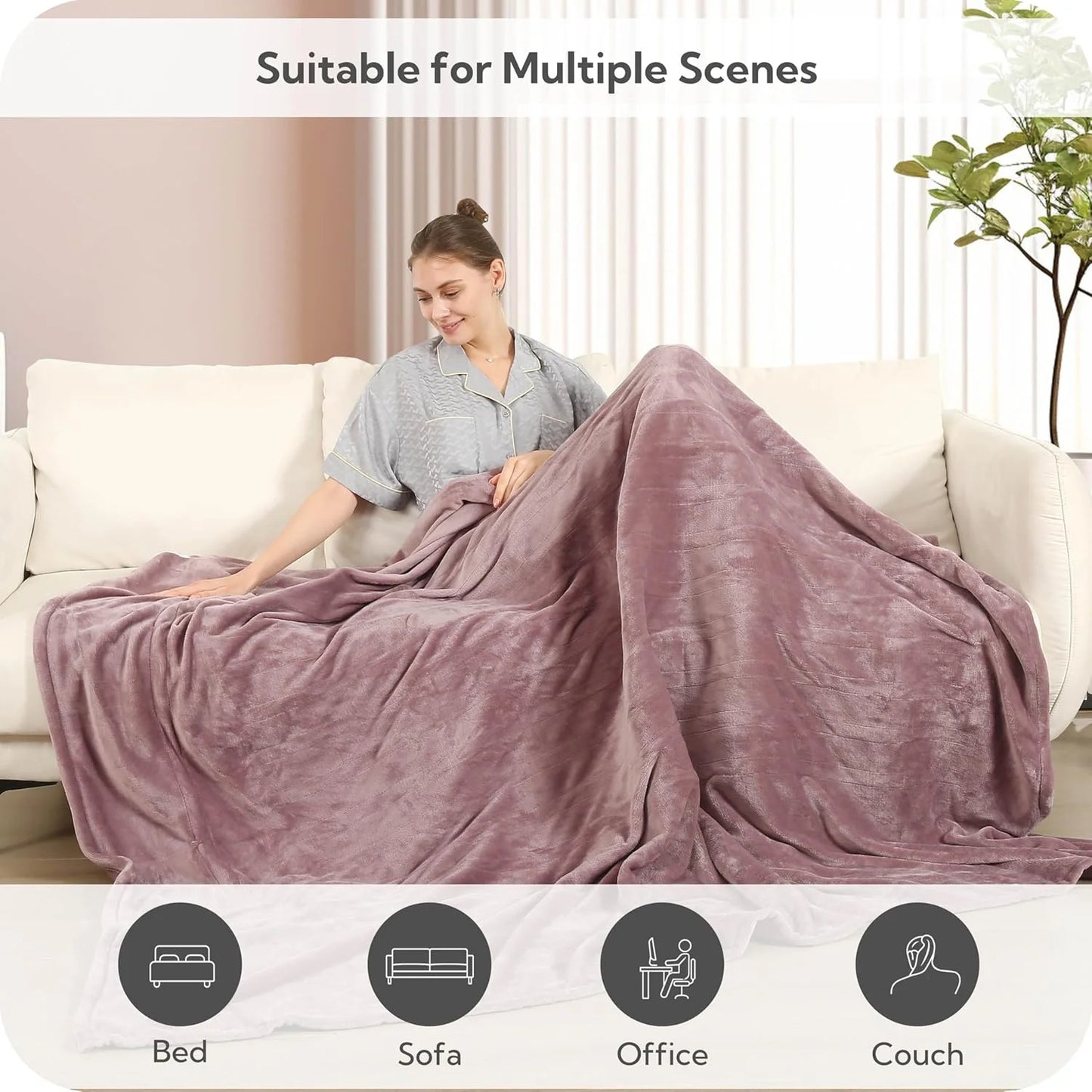SUNNY HEAT Electric Heated Blanket Flannel Queen Size 84" x 90", 4 Heating Settings & 10 Hours Auto Off, Cozy Dual Control, Purple