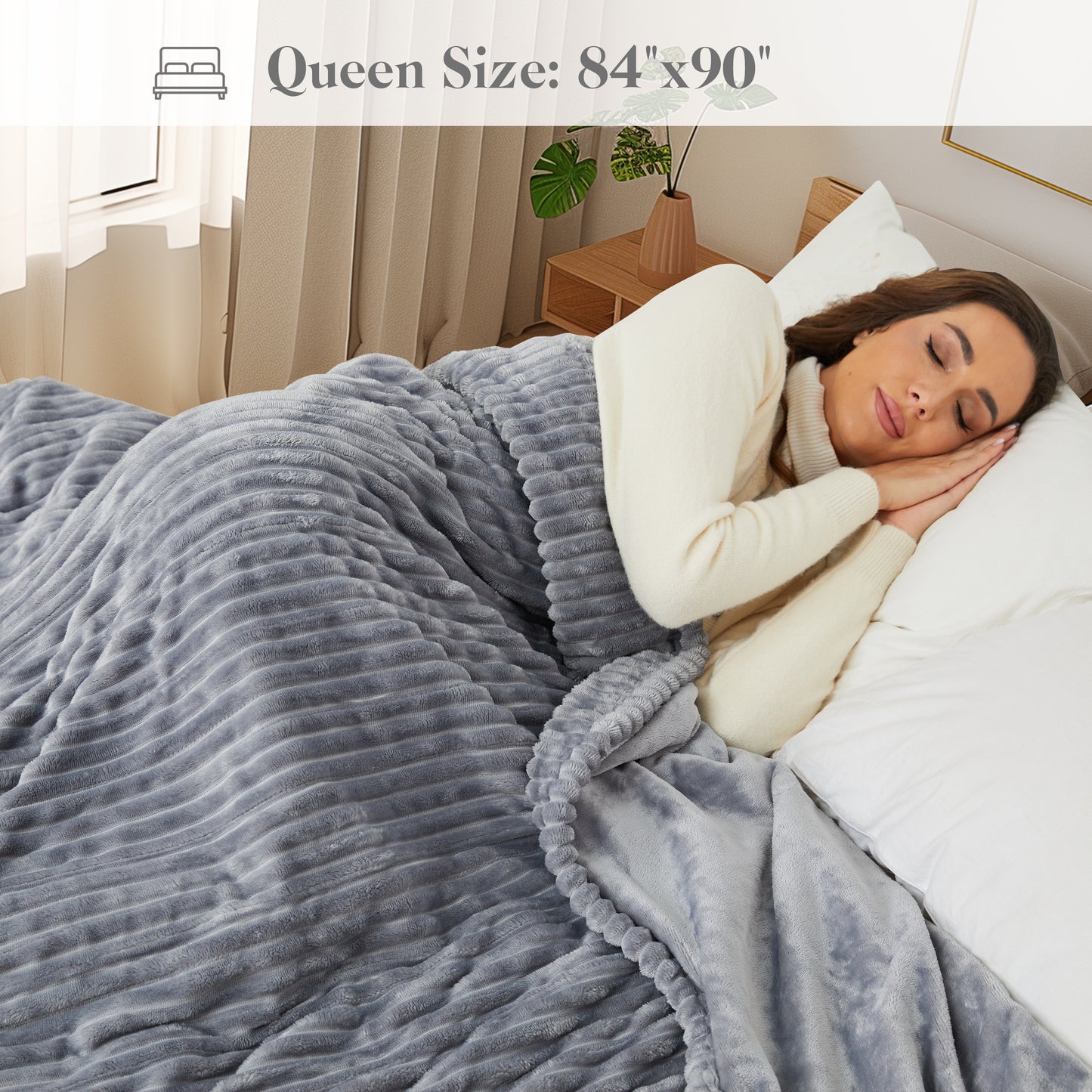 SUNNY HEAT Heated Electric Blanket Ribbed Flannel 84"x90" Queen Size - 10 Heating Settings & 2/4/6/8/10/12 Hours Auto off, Quick Heating Washable - Grey