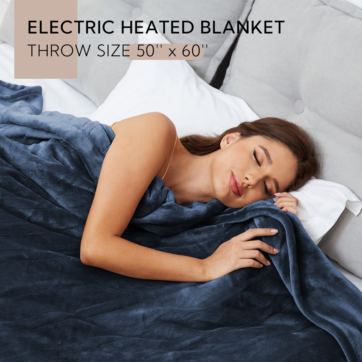 SUNNY HEAT Heated Electric Blanket 50'' x 60'', 4 Heating Levels, 3H Auto off, Flannel, Dark Blue