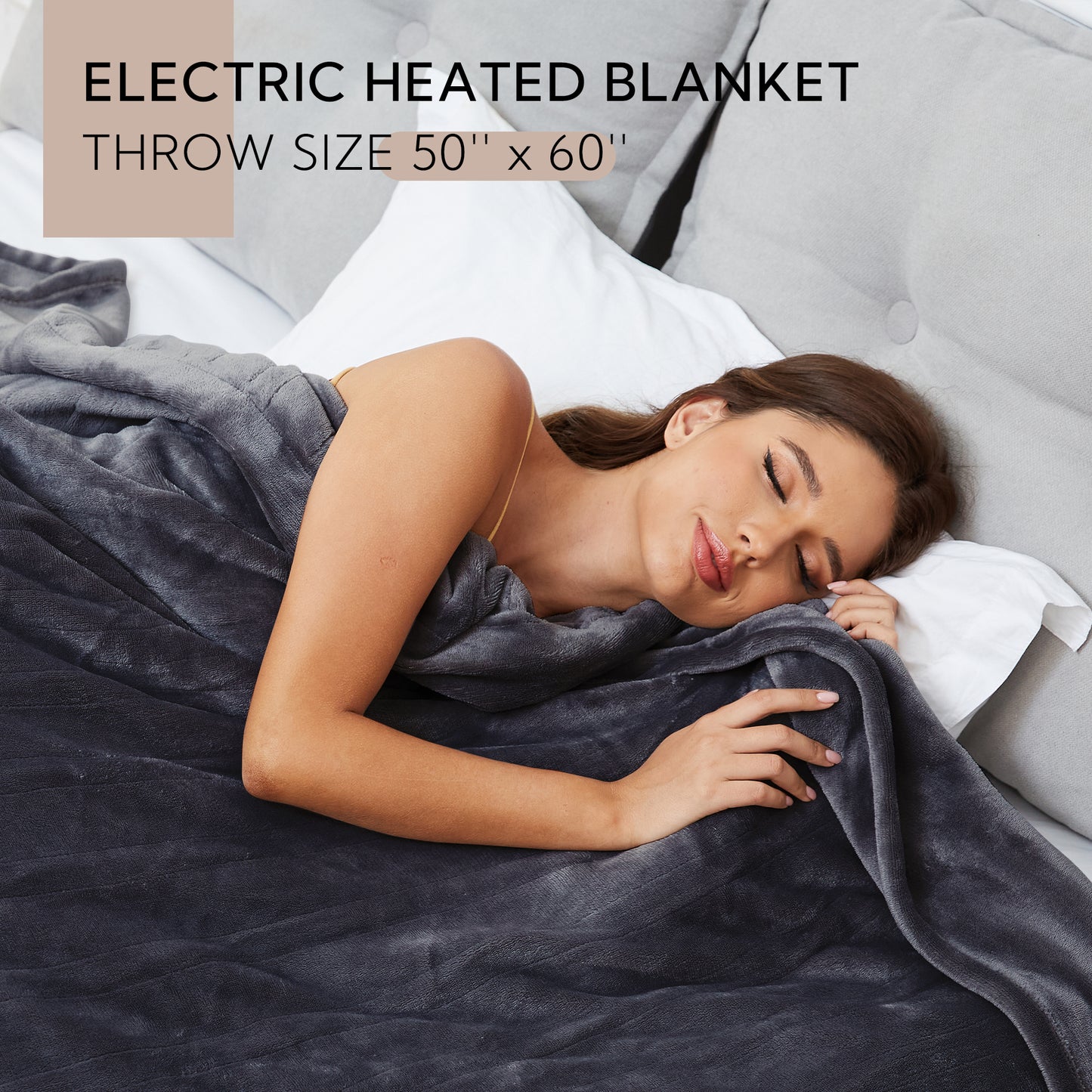 SUNNY HEAT Heated Electric Blanket 50'' x 60'', Throw Size Flannel Material with 4 Heating Levels & 3H Auto off, Dark Grey
