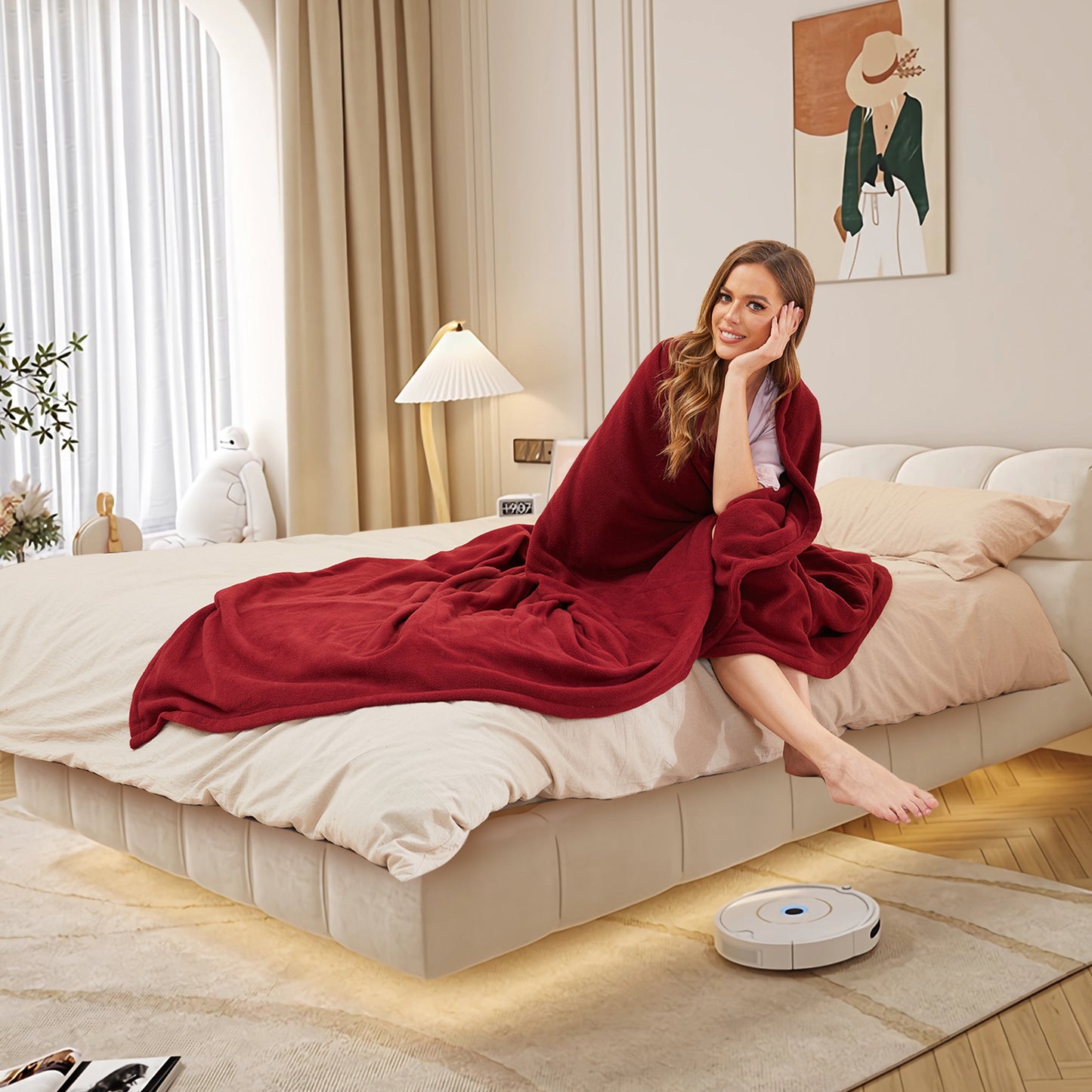 SUNNY HEAT Electric Heated Blanket 72'' x 84'' Polar Fleece Full Size Machine Washable, Dark Red