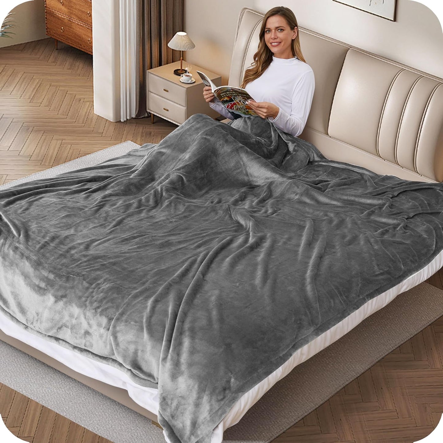 SUNNY HEAT Electric Heated Blanket Flannel 72" x 84" Full Size-4 Heating Settings & 10 Hours Auto Off, Warm Machine Washable- Light Gray
