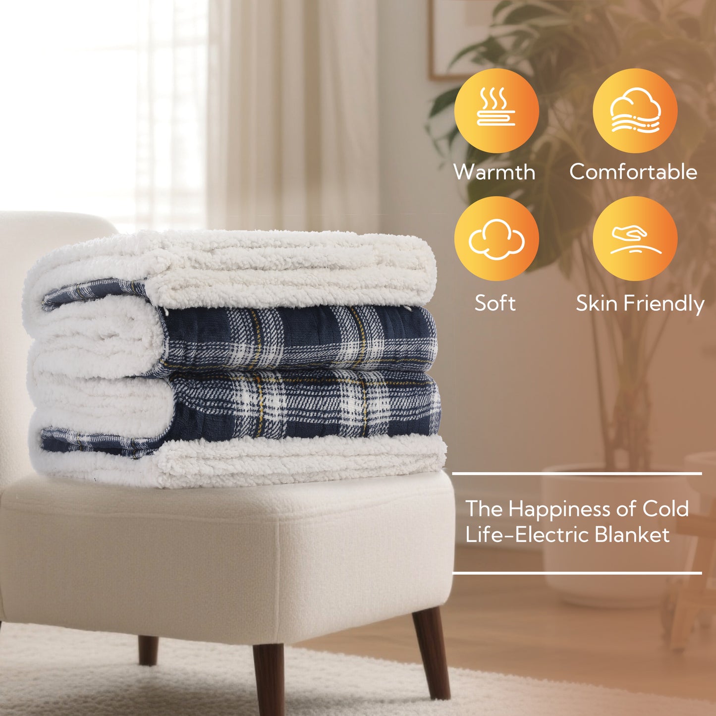 SUNNY HEAT Electric Heated Blanket 72"x84" Full Size, 10 Heating Levels & 12 H Auto Shut Off, Cotton & Microplush Plaid, Dark Blue & White