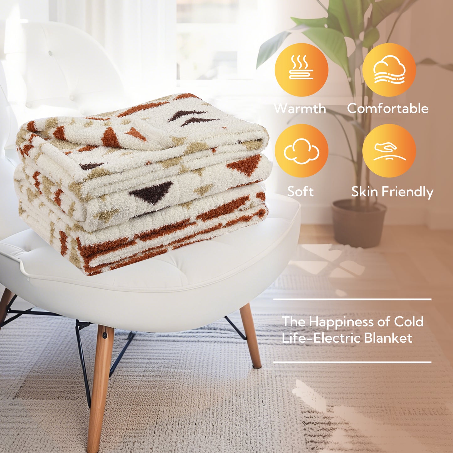 SUNNY HEAT Electric Heated Blanket Full size 72''x84'' Warm Machine Washable- brown and white