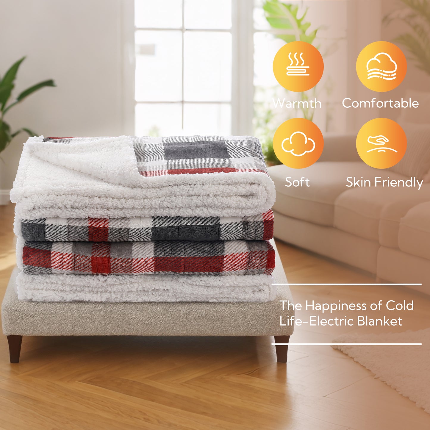 SUNNY HEAT Electric Heated Blanket 72"x84" Full Size, 10 Heating Levels & 12 H Auto Shut Off, Cotton & Microplush Plaid, Gray & Red & White