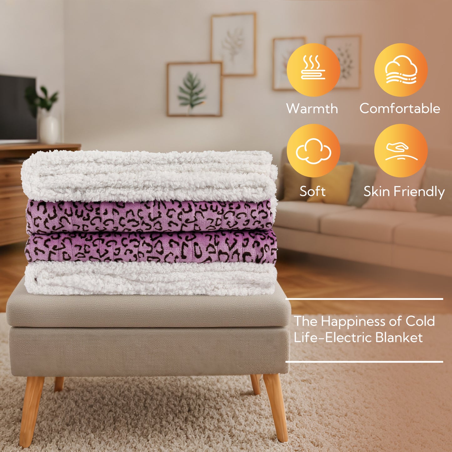 SUNNY HEAT Heated Electric Blanket Full Size 72'' x 84'' 6 Heating Levels & 1-10 Hours Auto Off , Leopard Black & Purple