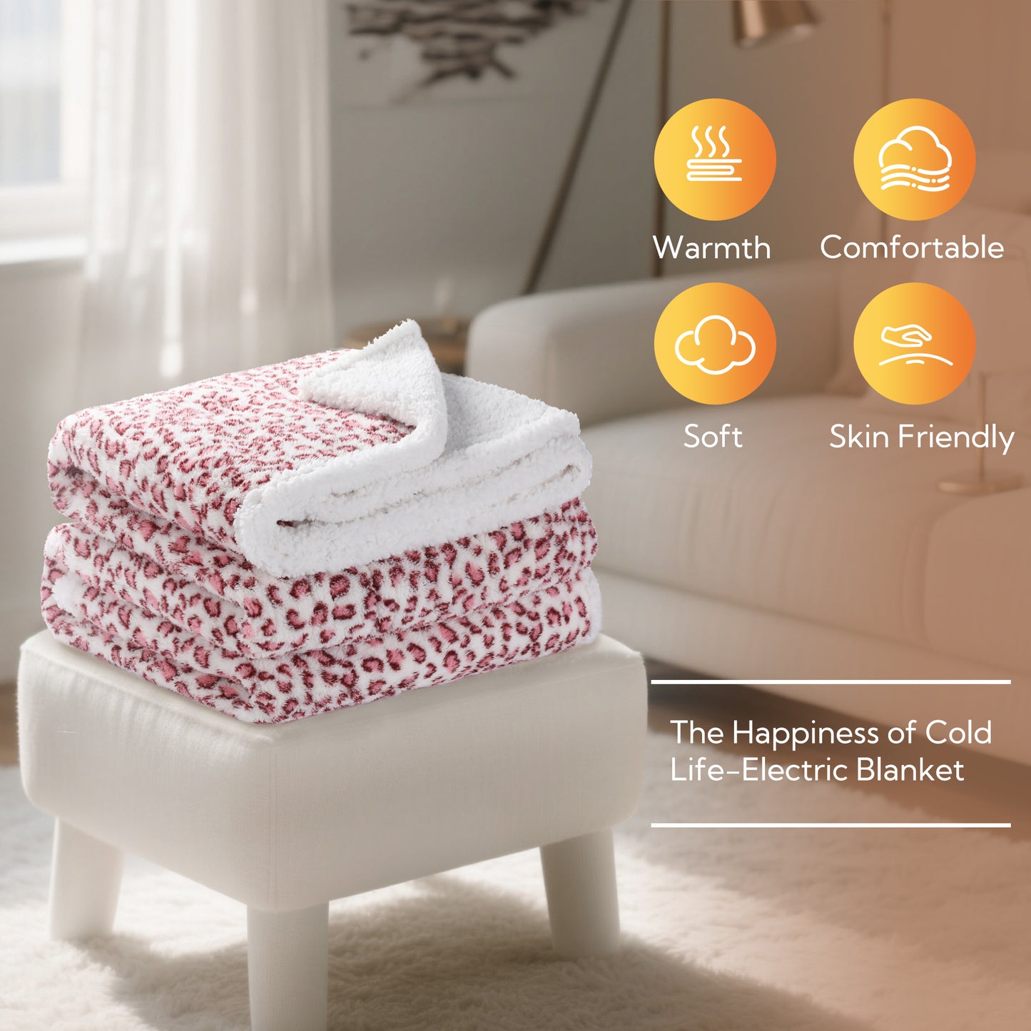 SUNNY HEAT Heated Electric Blanket Full Size 72' 'x 84'' 6 Heating Levels & 1-10 Hours Auto Off , Leopard Pink & White
