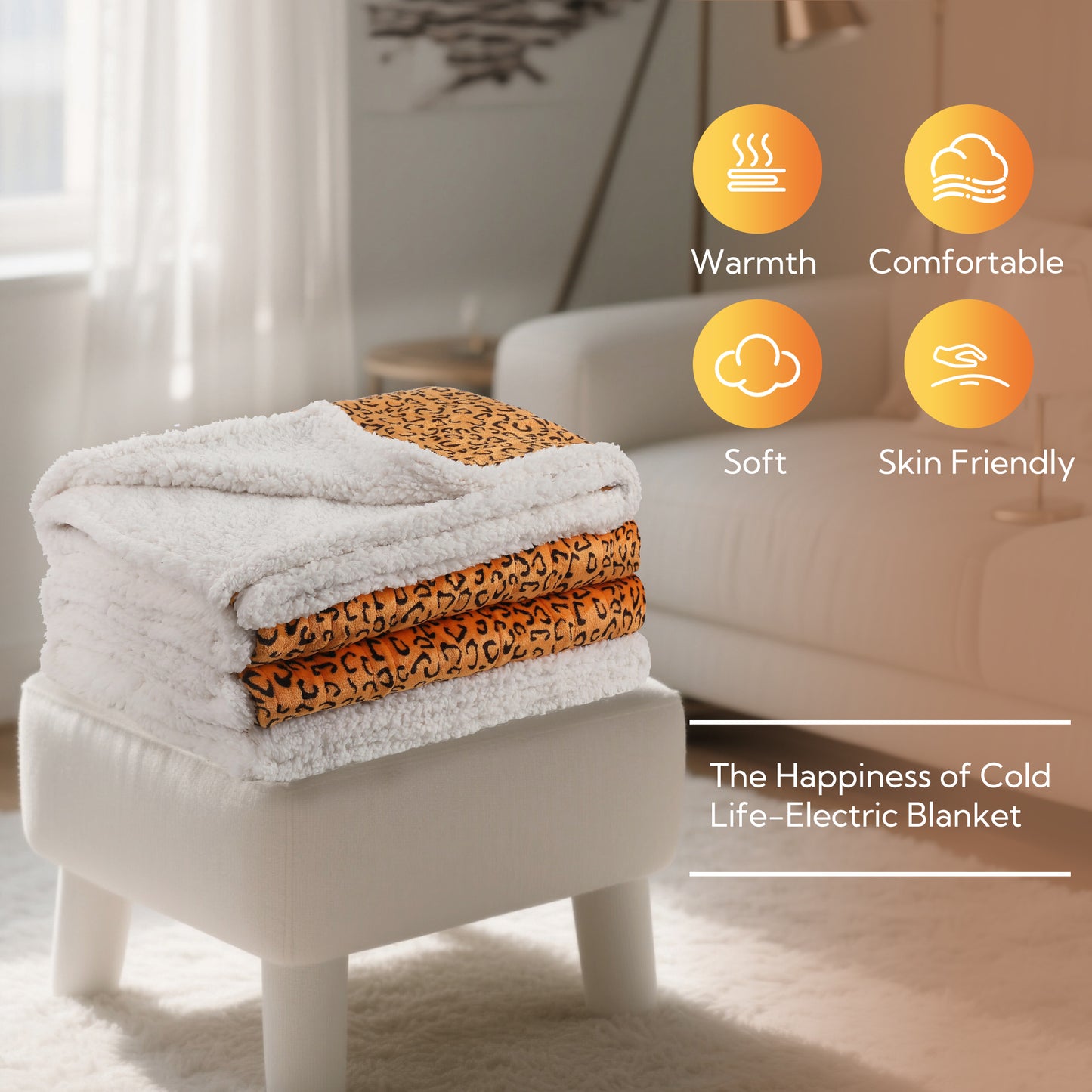 SUNNY HEAT Heated Electric Blanket Full Size 72'' x 84'' 6 Heating Levels & 1-10 Hours Auto Off , Leopard Black & Yellow
