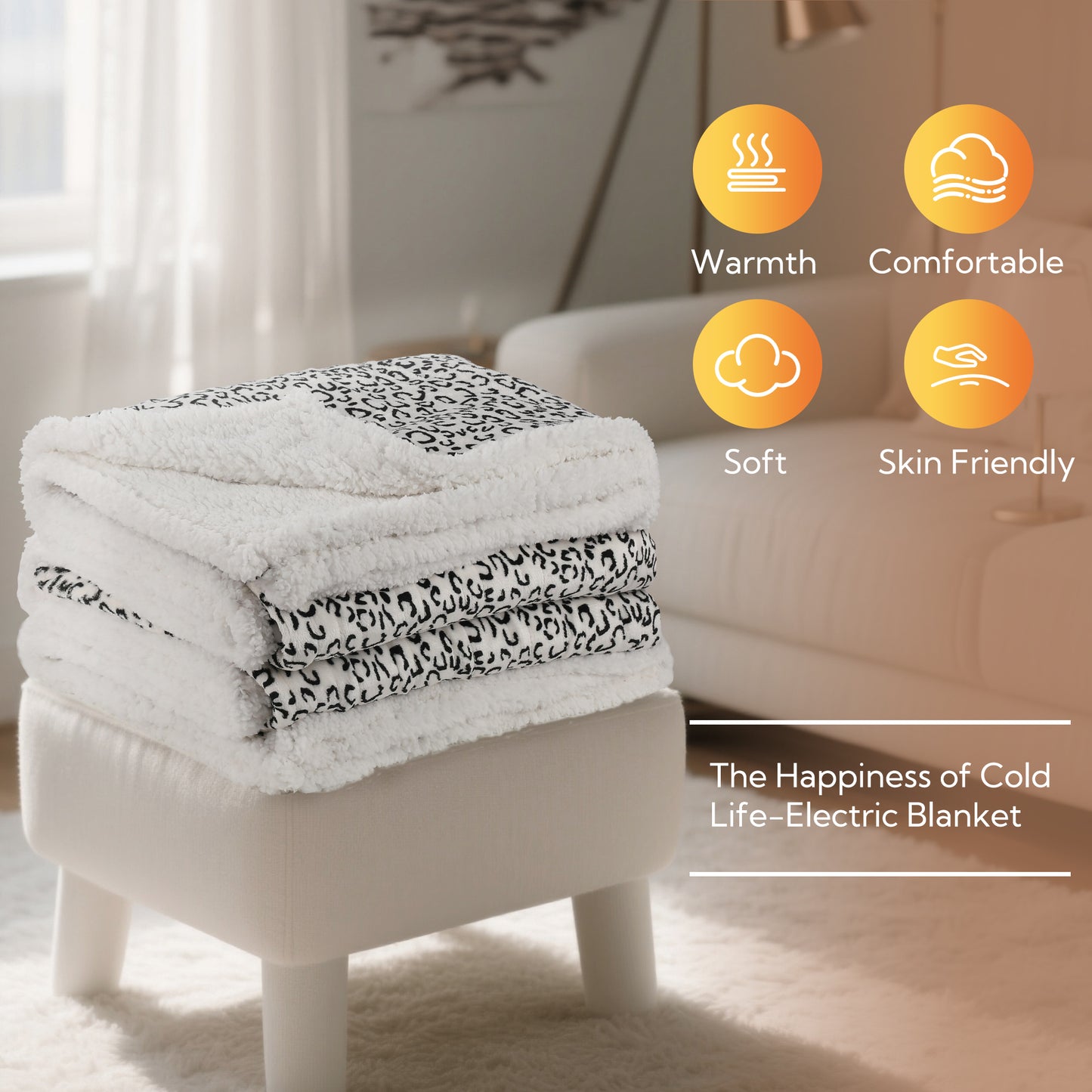 SUNNY HEAT Heated Electric Blanket Full Size 72'' x 84'' 6 Heating Levels & 1-10 Hours Auto Off , Leopard Black & White