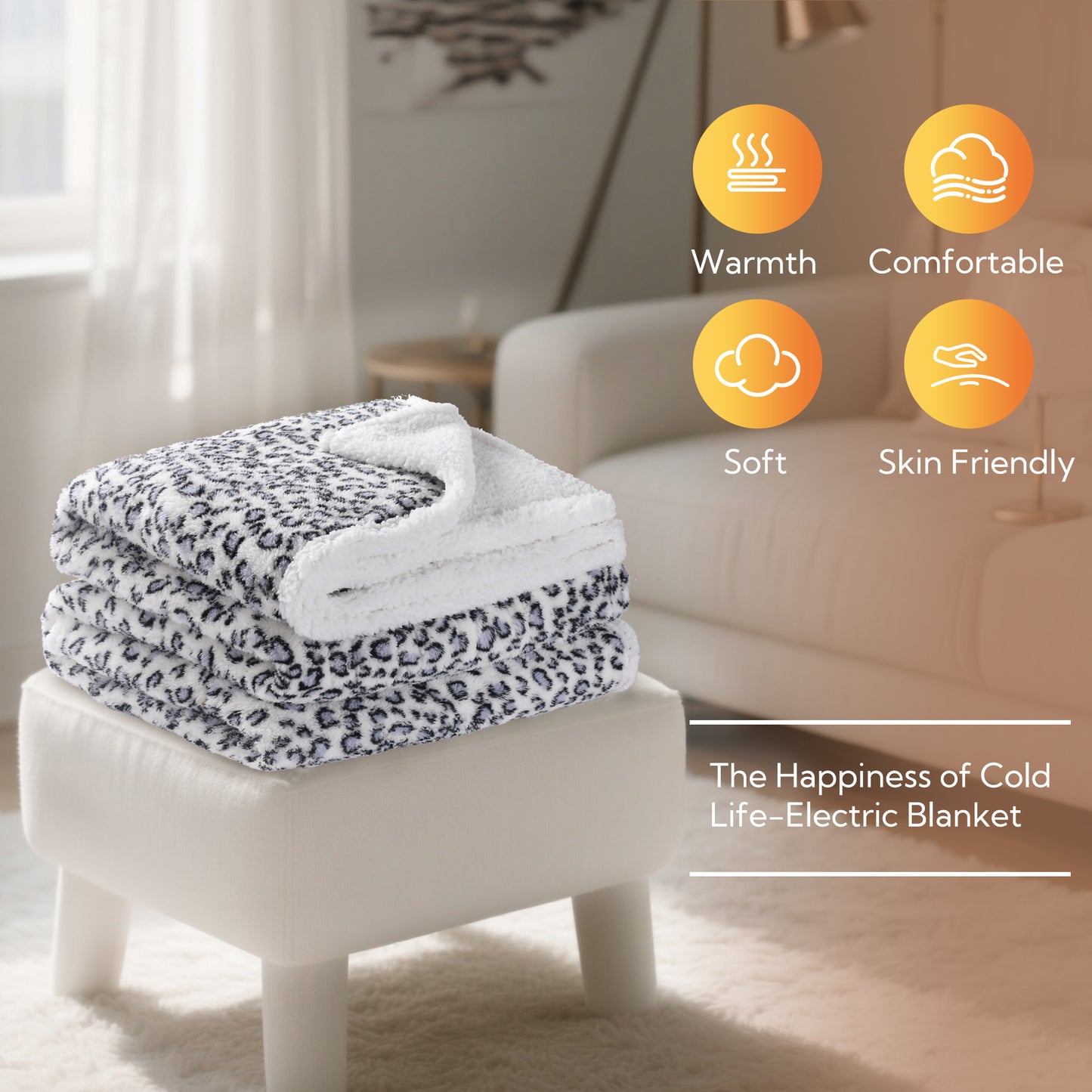 SUNNY HEAT Heated Electric Blanket Full Size 72'' x 84'' 6 Heating Levels & 1-10 Hours Auto Off , Leopard Blue & White