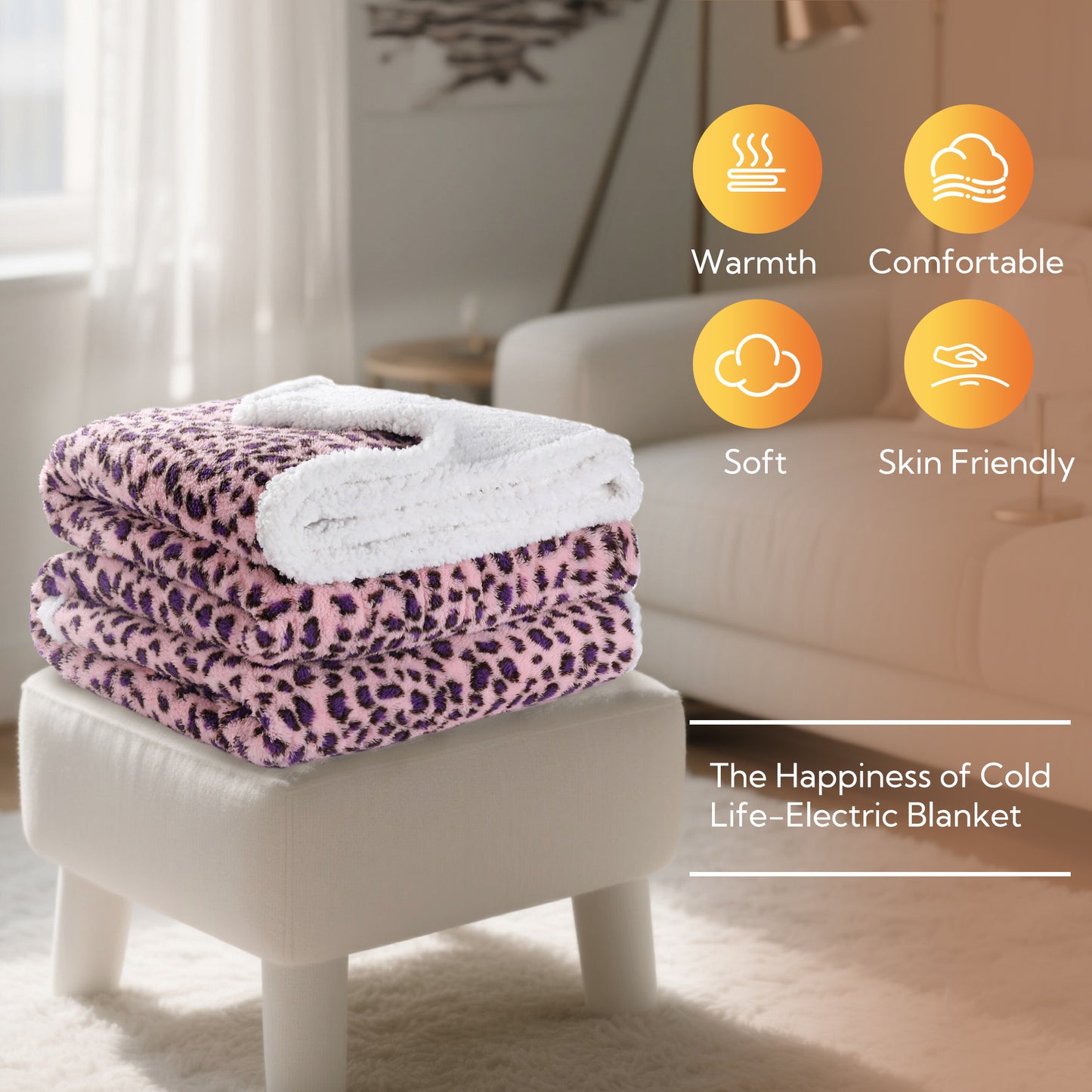 SUNNY HEAT Heated Electric Blanket Full Size 72'' x 84'' 6 Heating Levels & 1-10 Hours Auto Off , Leopard Pink & Purple