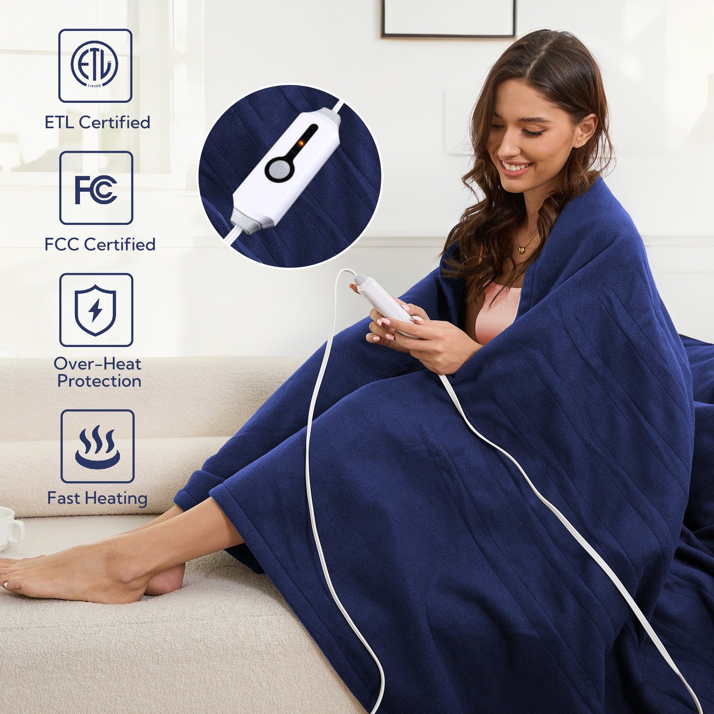 Heated Electric Blanket Full Size 72’’*84’’ - Super Soft And Cozy Heated Blanket With 4 Heat Levels 10 Hours Auto Off, ETL Certification, Dark Blue