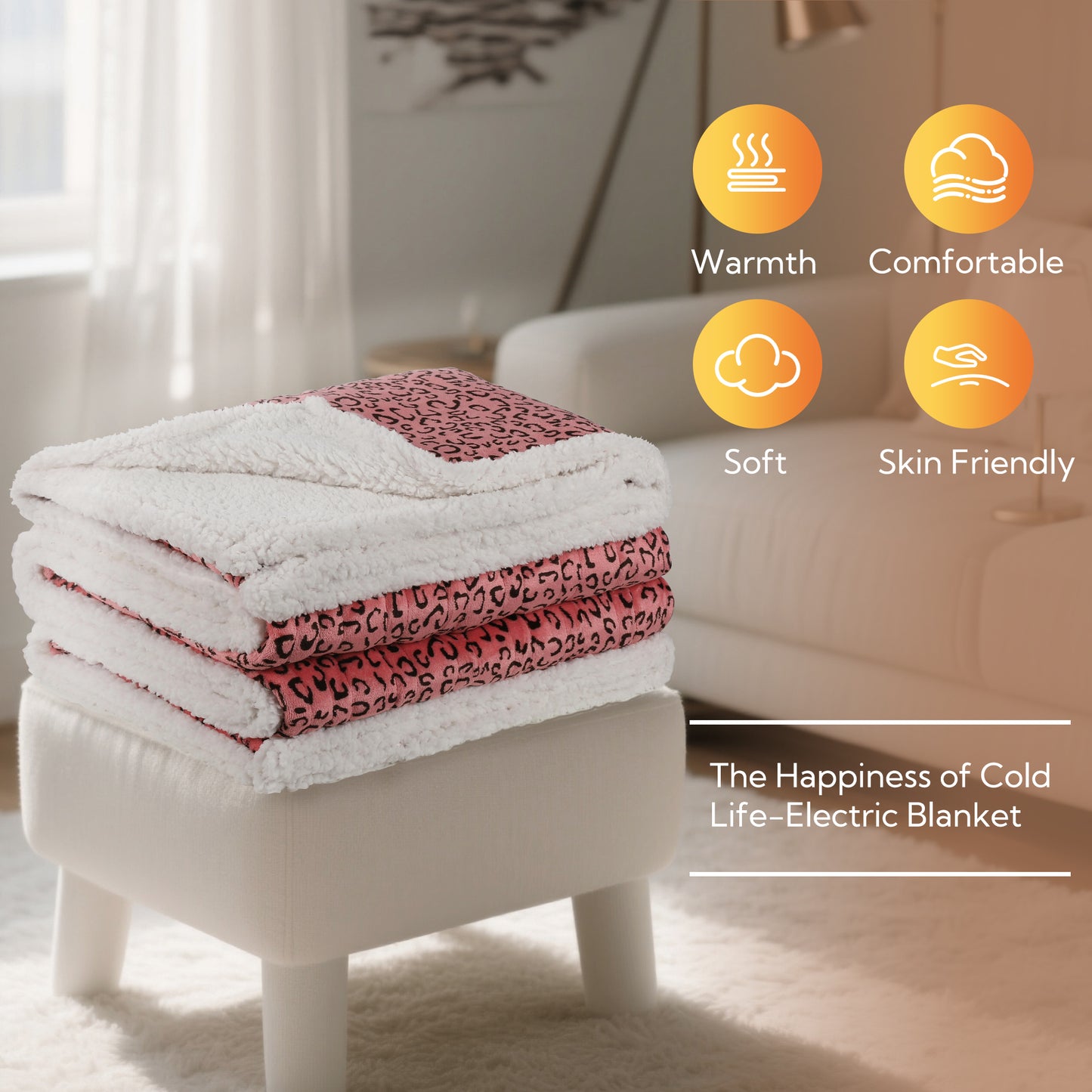SUNNY HEAT Heated Electric Blanket Full Size 72'' x 84'' 6 Heating Levels & 1-10 Hours Auto Off , Leopard Black & Red