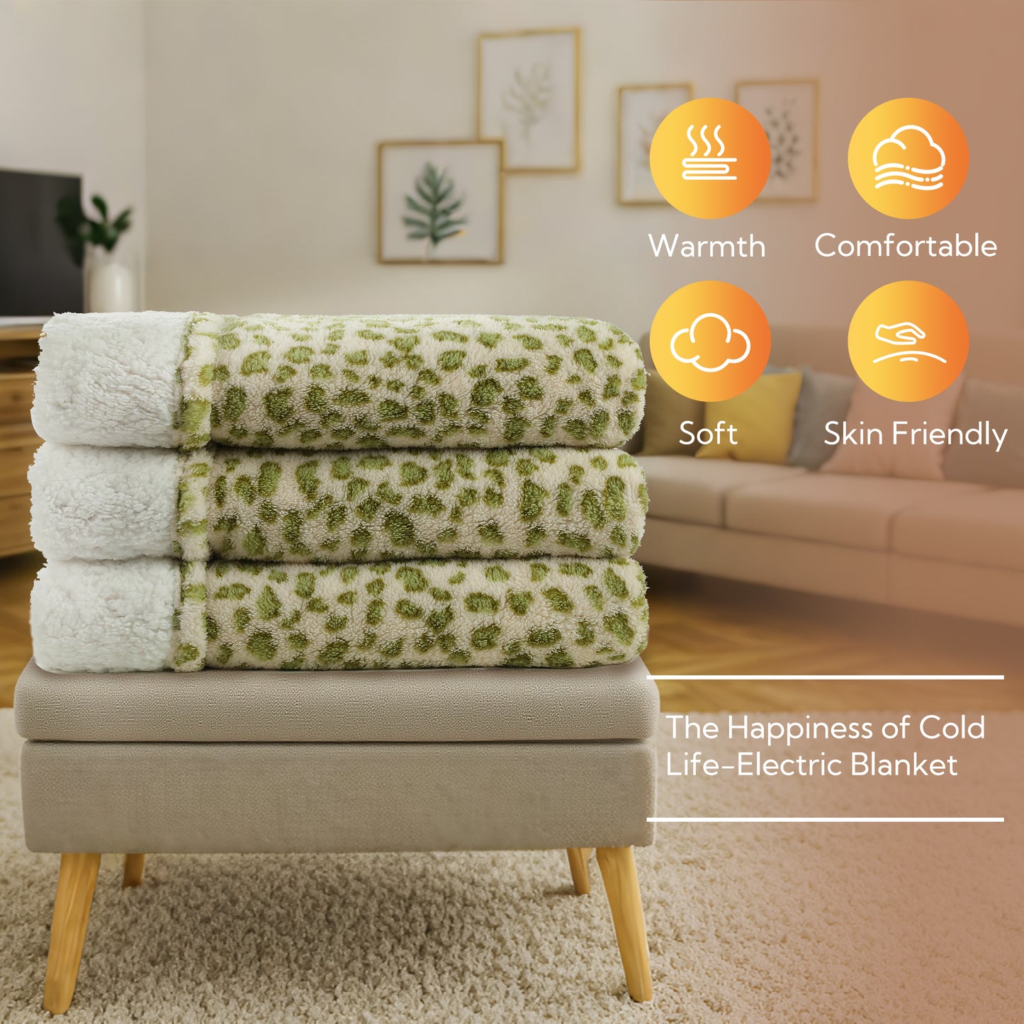 SUNNY HEAT Heated Electric Blanket Full Size 72'' x 84'' 6 Heating Levels & 1-10 Hours Auto Off , Leopard Green & White